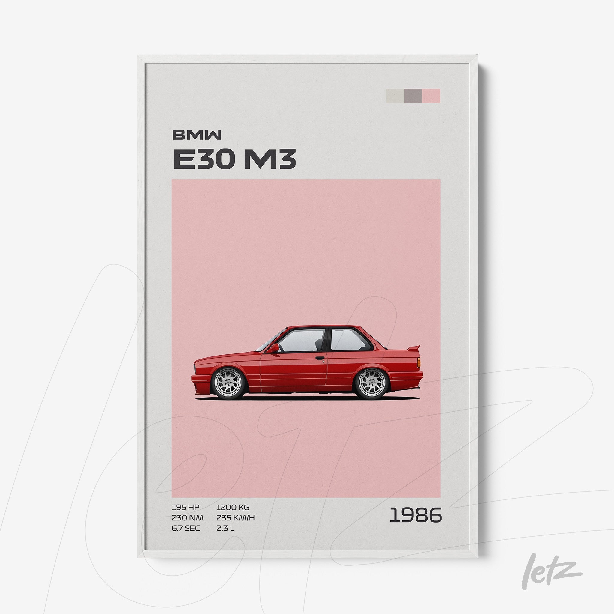framed illustration of BMW E30 M3 car design on pink background with white frame