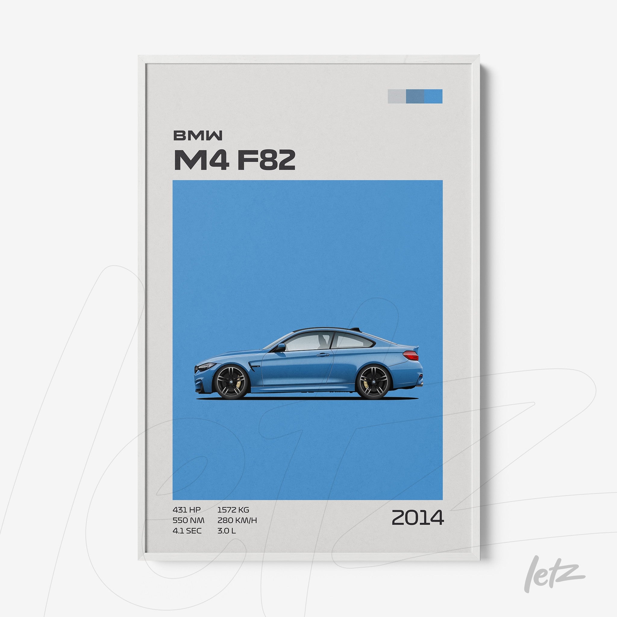 minimalist wall art depicting the BMW M4 F82 car on a blue background