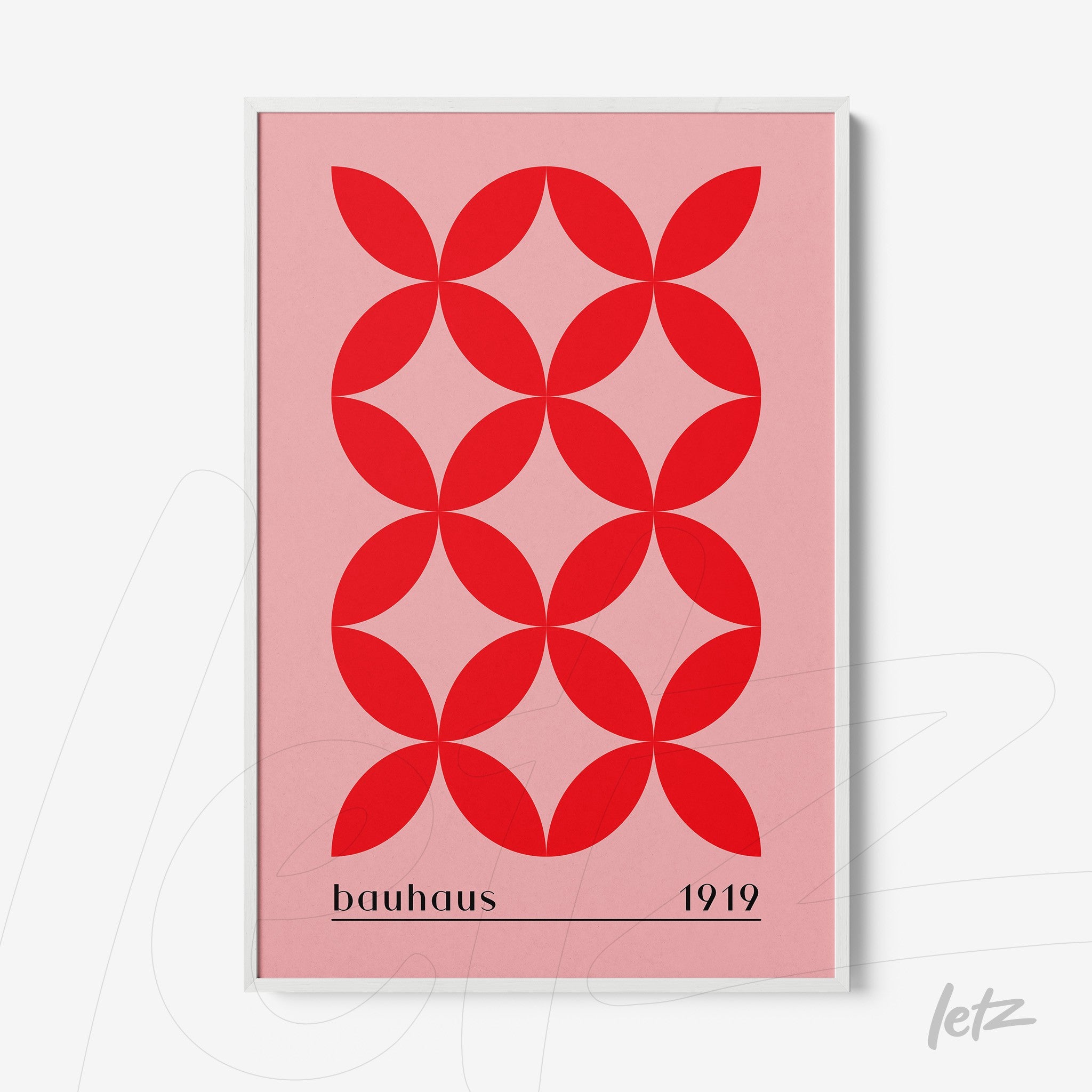 poster print featuring red geometric pattern on light pink background in white frame
