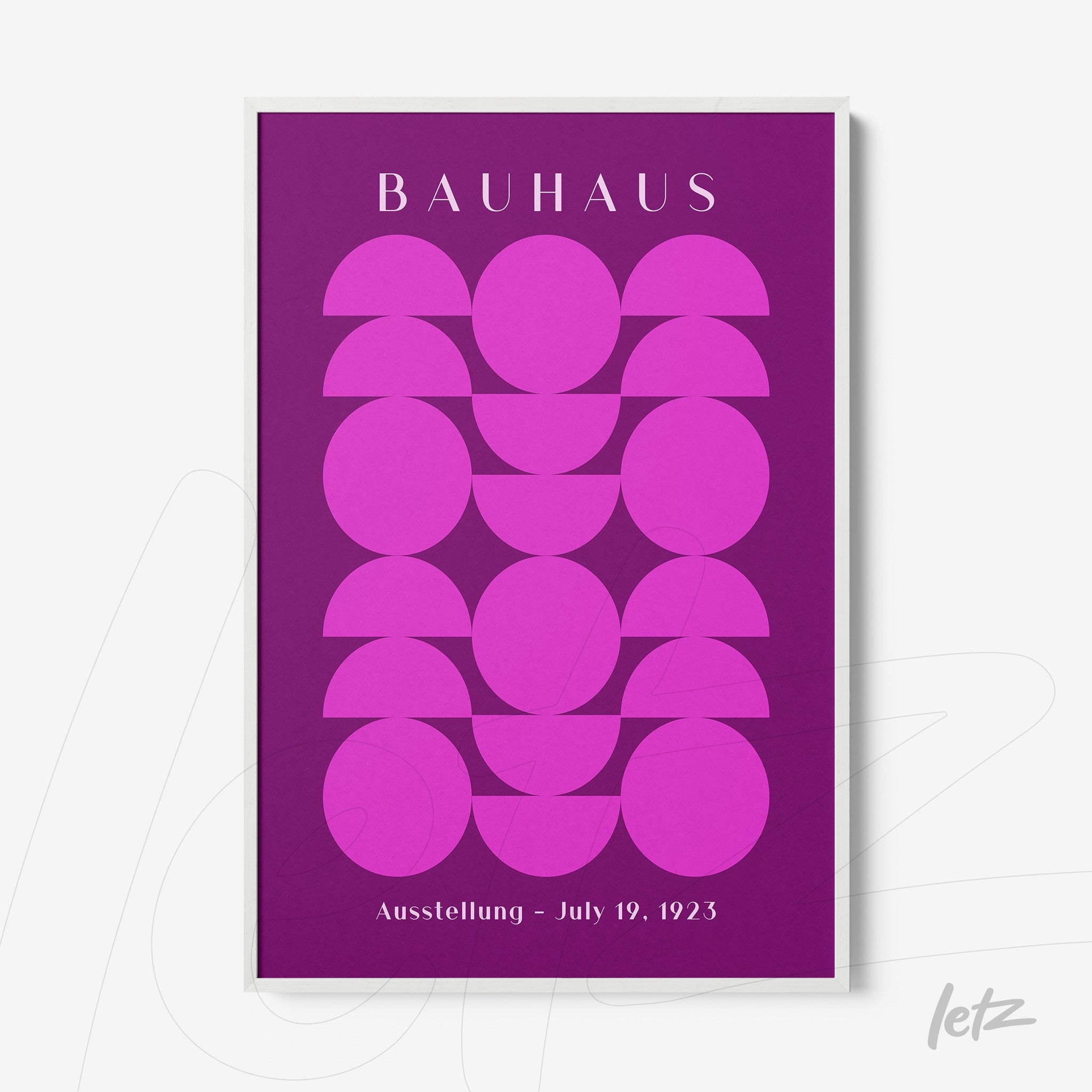 poster print featuring geometric design in purple and pink hues inspired by Bauhaus style, displayed with white frame