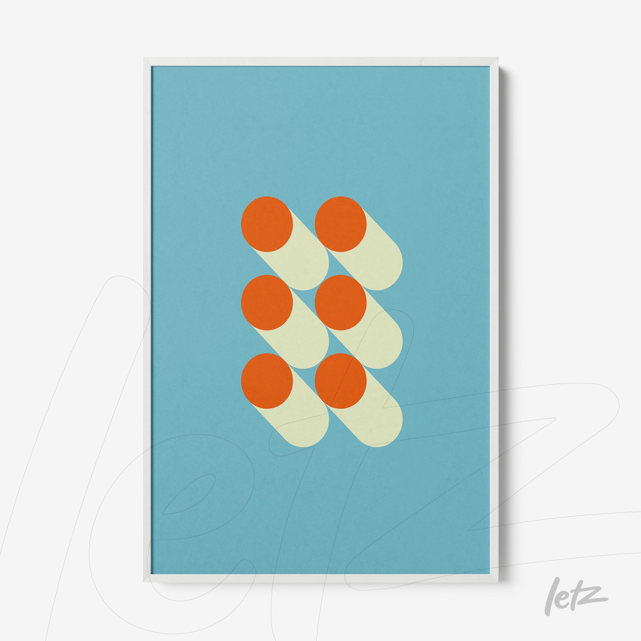abstract geometric art with orange circles on a blue background in white frame