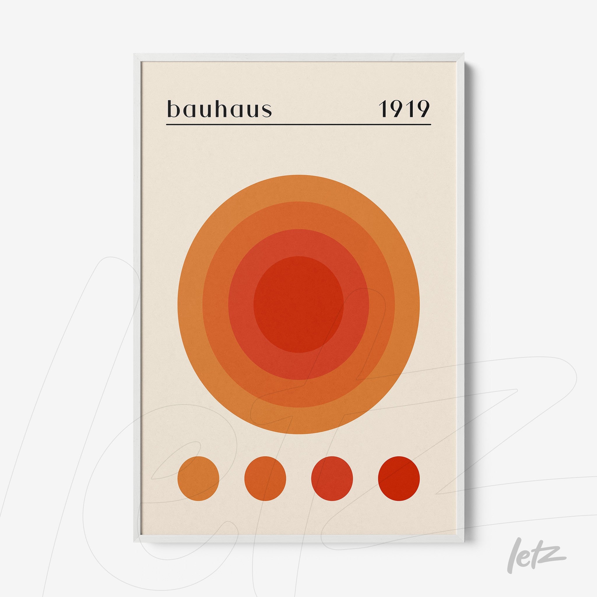 vintage poster featuring concentric circles in shades of orange and red with white frame