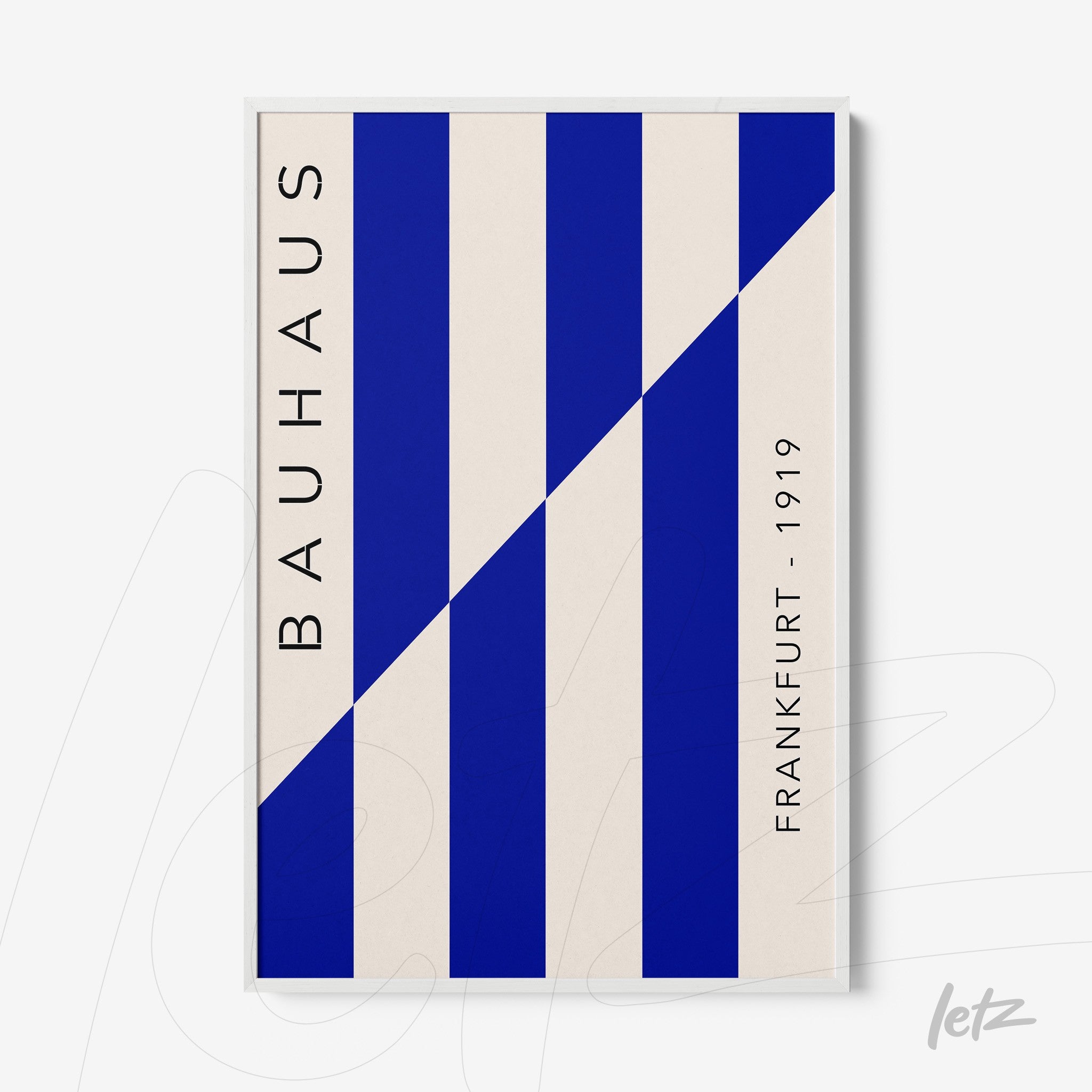 poster print in Bauhaus style with vertical blue stripes and side black text, framed in a white frame