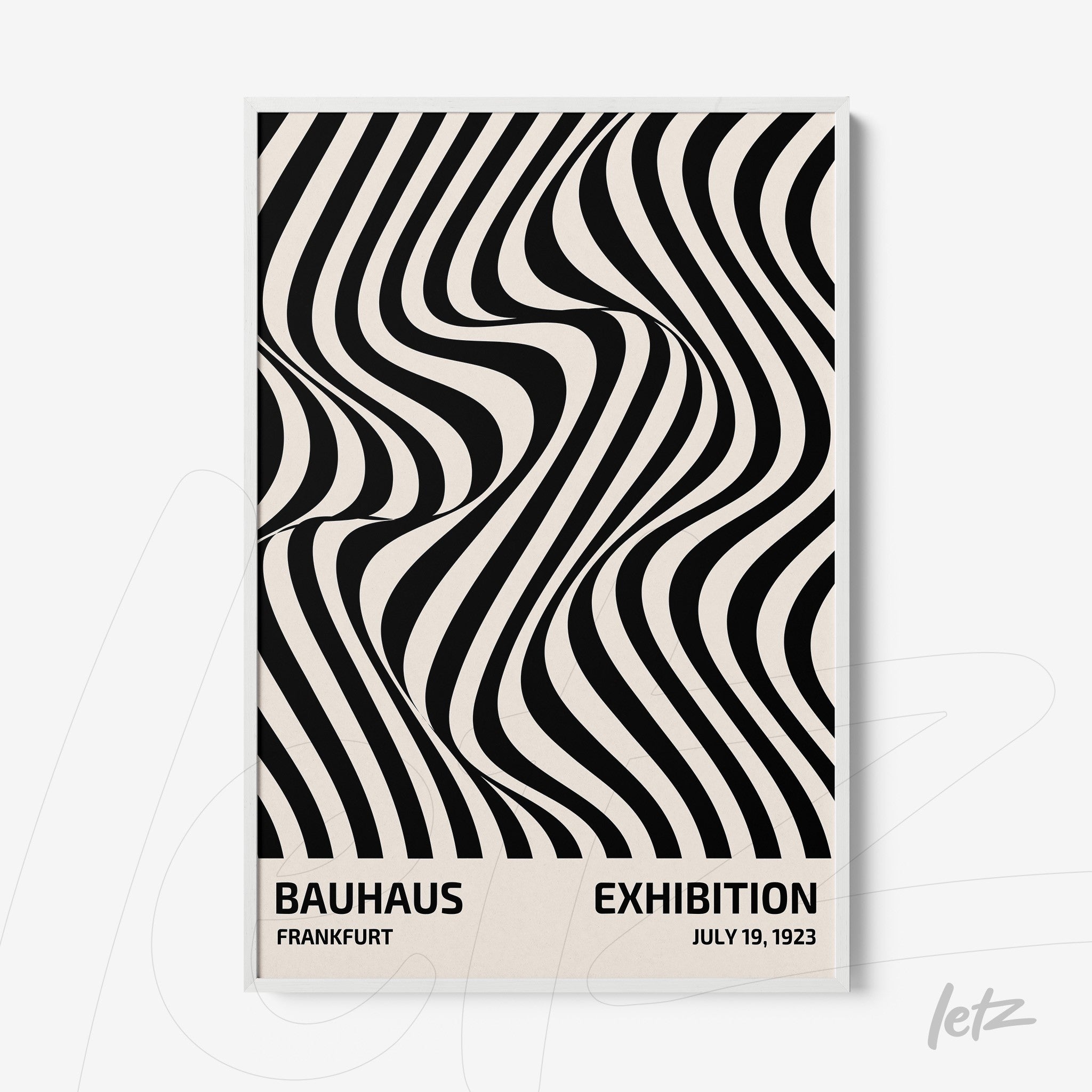 black and white poster with geometric wavy line design in white frame