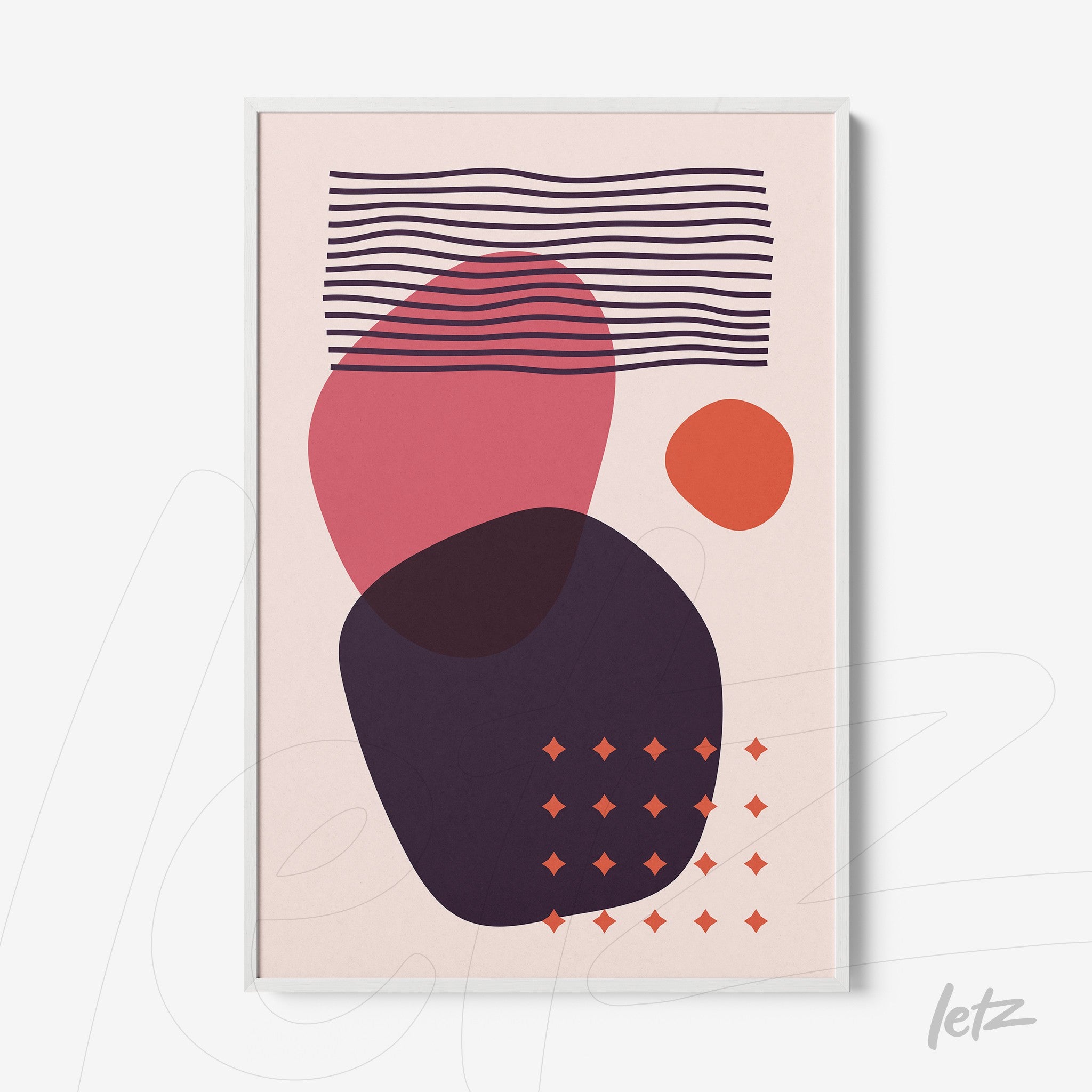 abstract poster with pink and orange shapes framed in white
