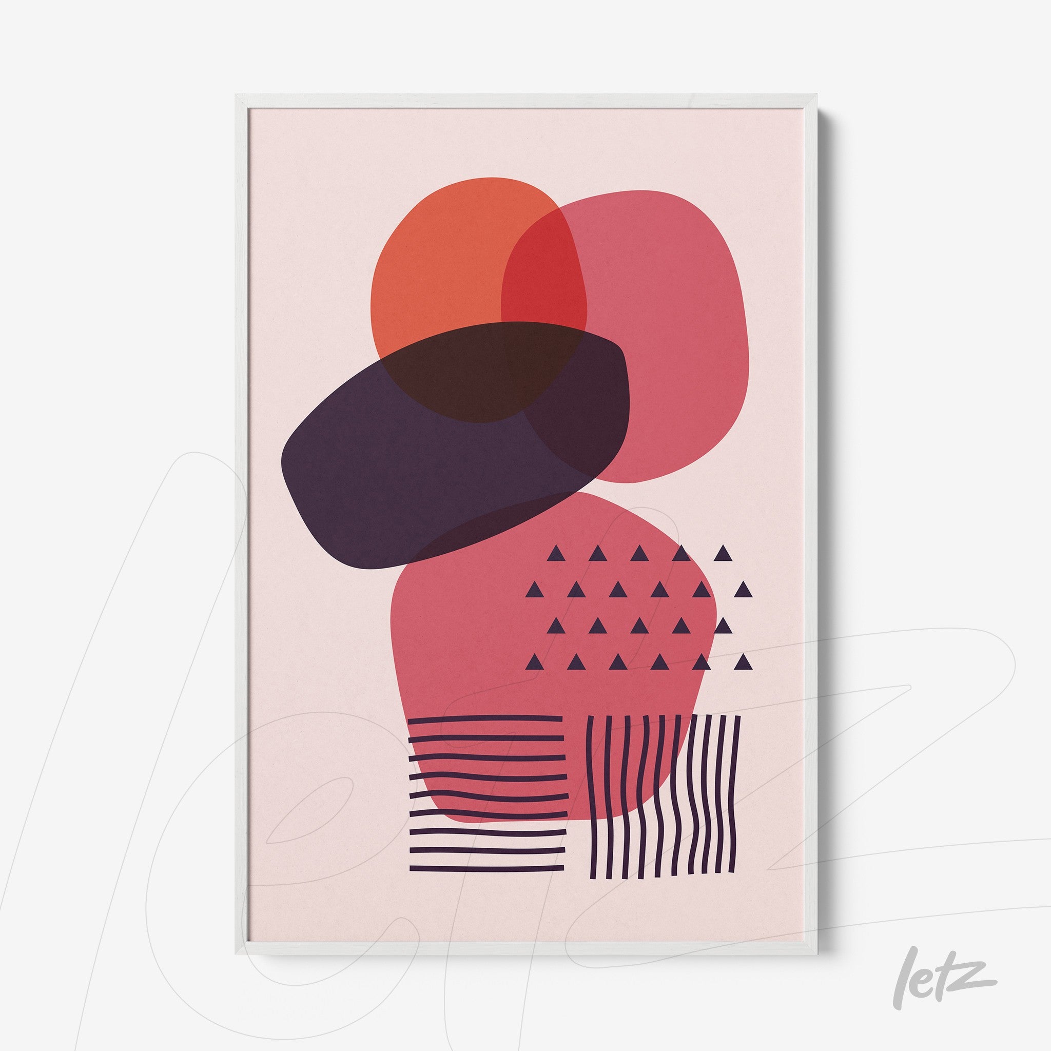 abstract art with geometric shapes on a pink background framed in white