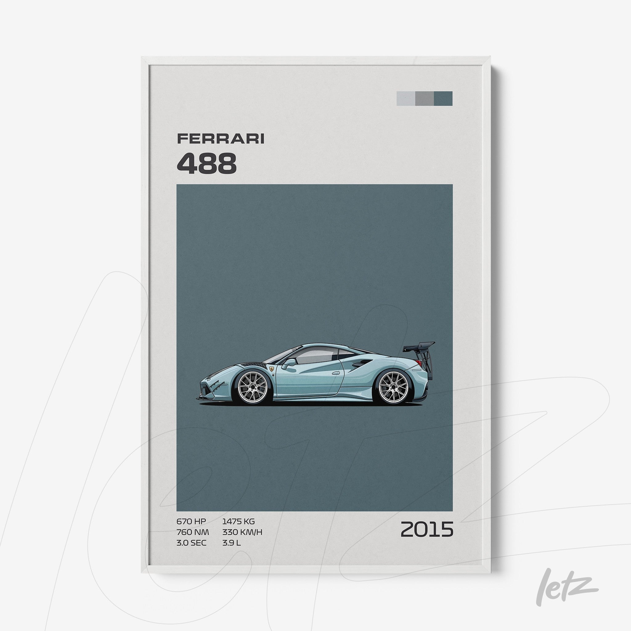 minimalist wall art featuring a blue Ferrari 488 illustration with gray background and graphic text elements