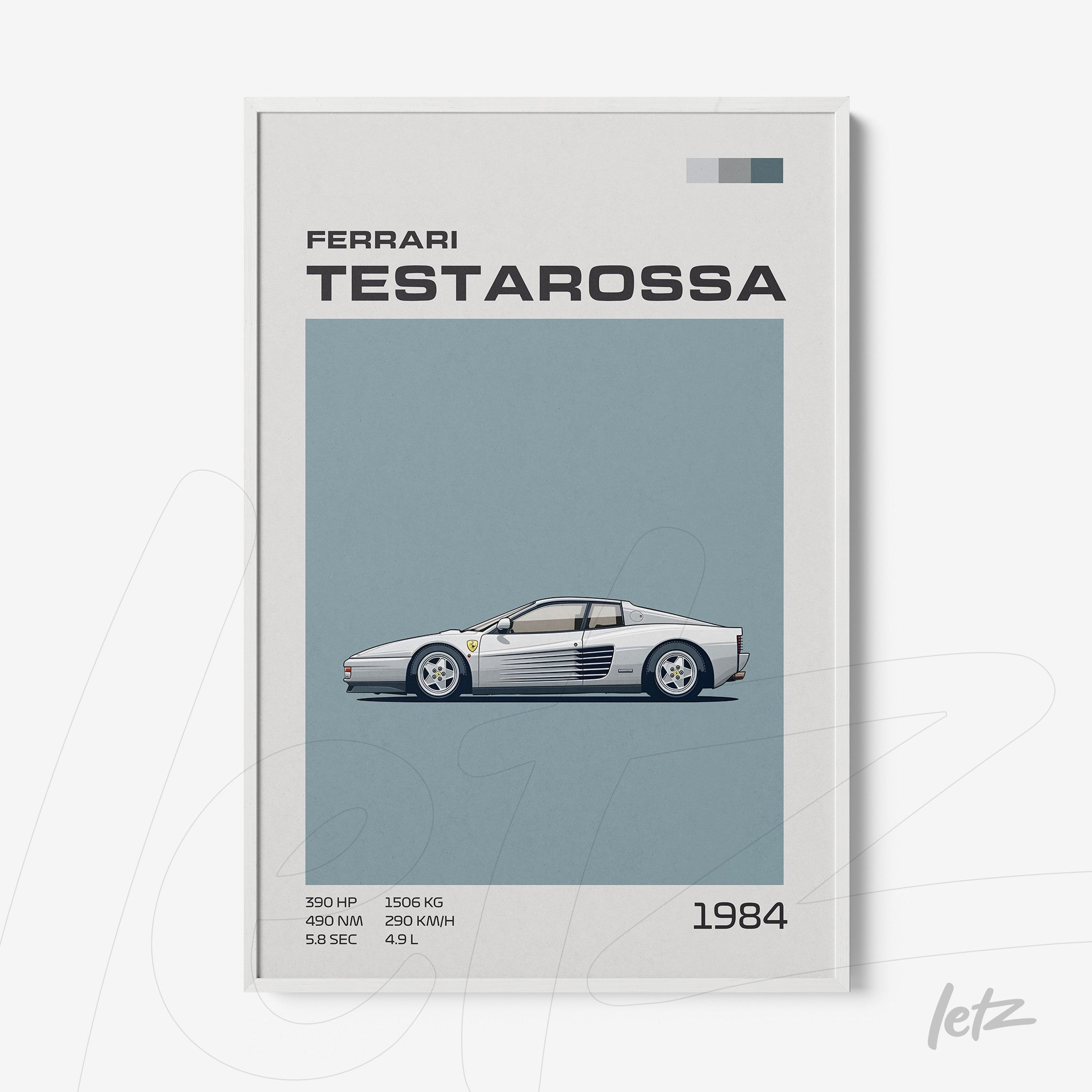 minimalist framed art of a ferrari testarossa highlighting technical details against a gray background