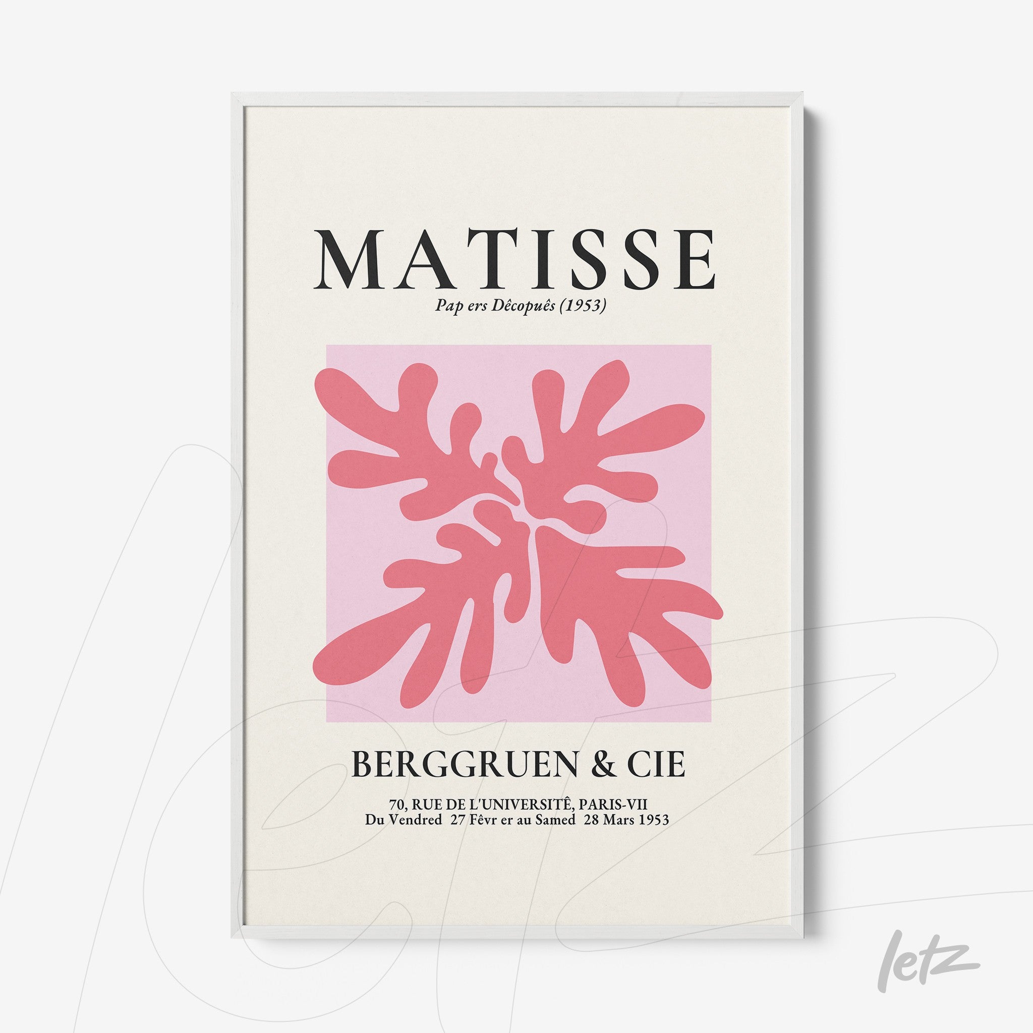 framed wall art featuring Matisse design with a white background and abstract shapes in pink hues