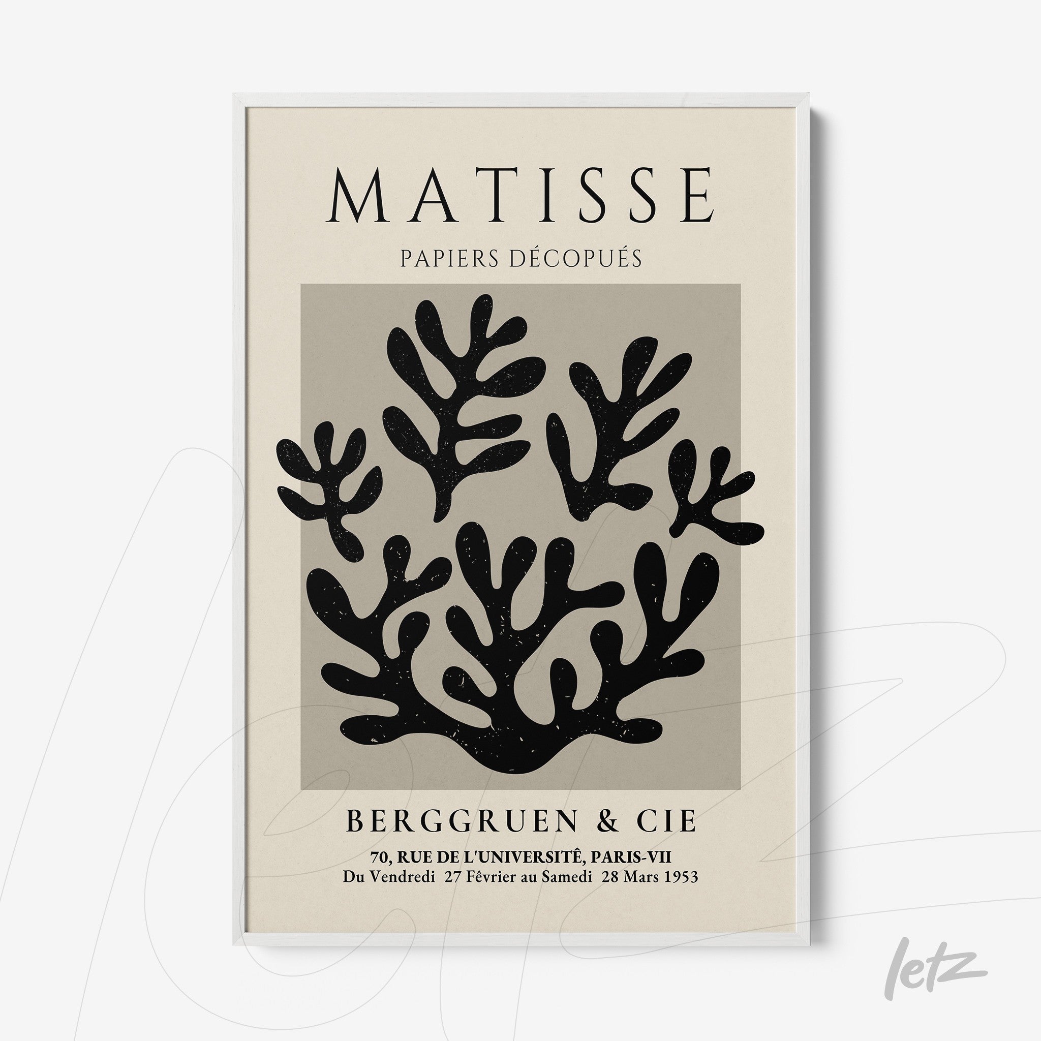 framed modern art featuring abstract plant shapes in white background with black text