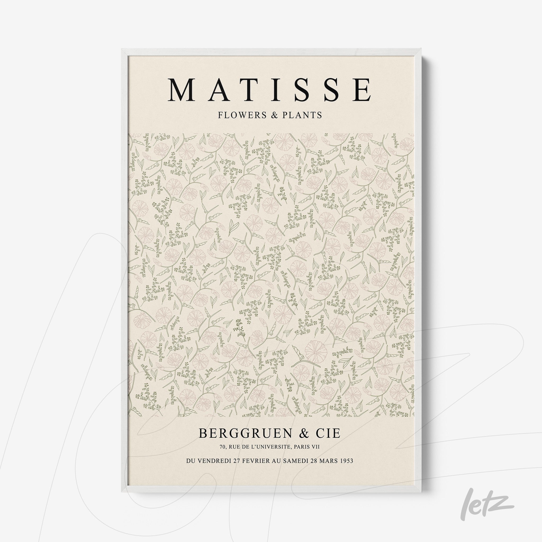 decorative framed art featuring botanical illustration on a light background with white frame and soft floral details