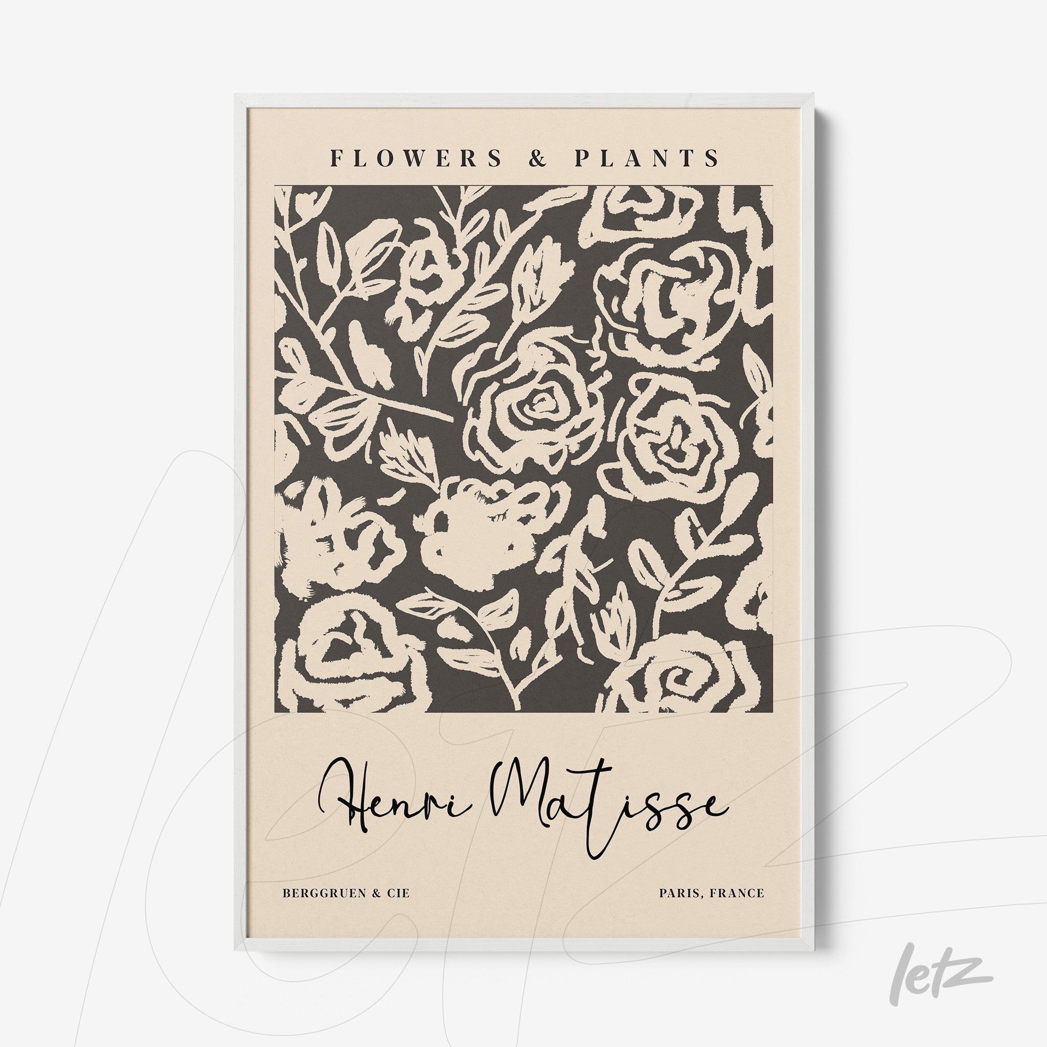 framed wall art featuring floral design by Henri Matisse with white frame, beige background and dark stylized roses
