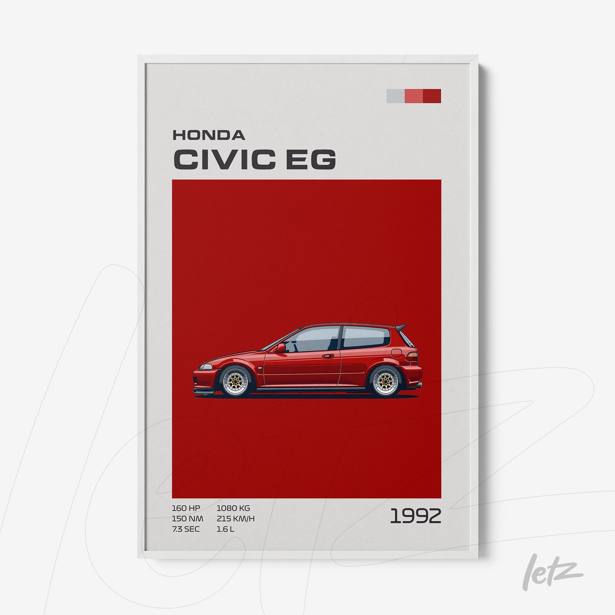 framed digital art of a honda civic eg on a red background featuring detailed car illustrations and informative texts
