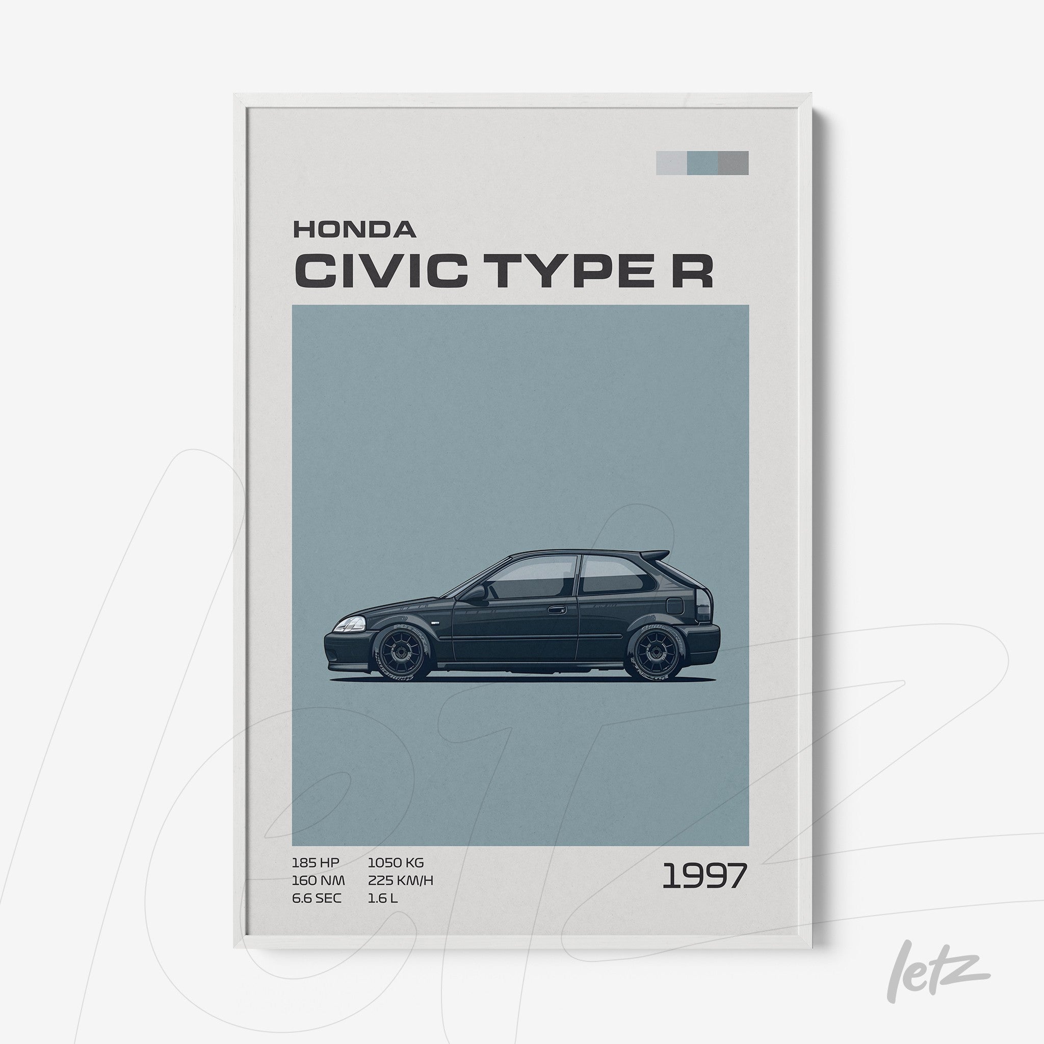 minimalist wall art of 1997 Honda Civic Type R in white frame with blue background
