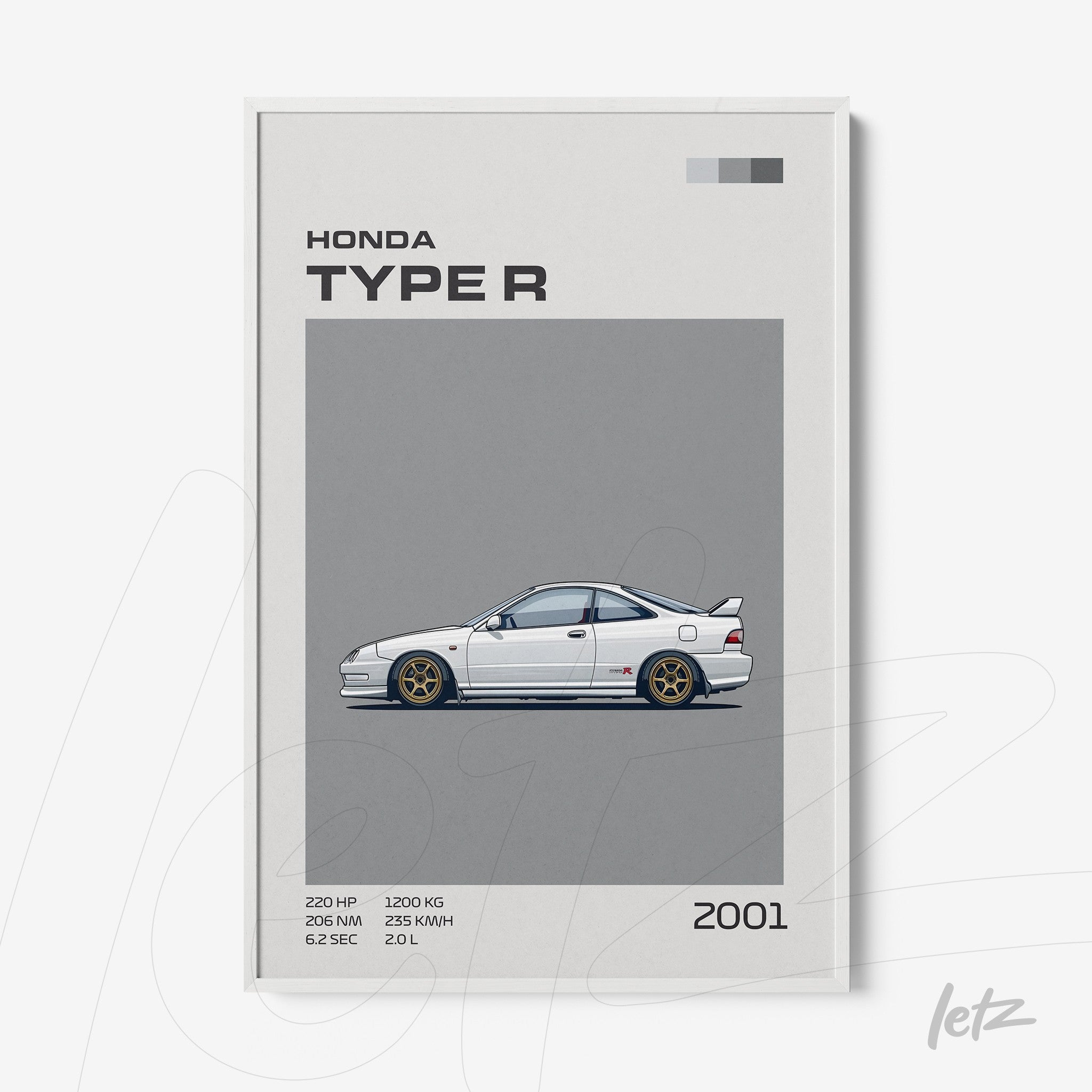 framed minimalist illustration of the 2001 Honda Type R on gray background with white frame