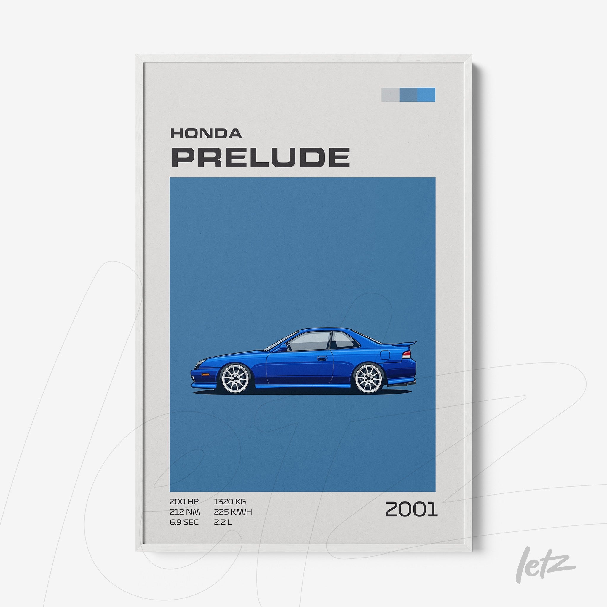 framed artwork featuring a 2001 Honda Prelude illustration on a blue background with white frame