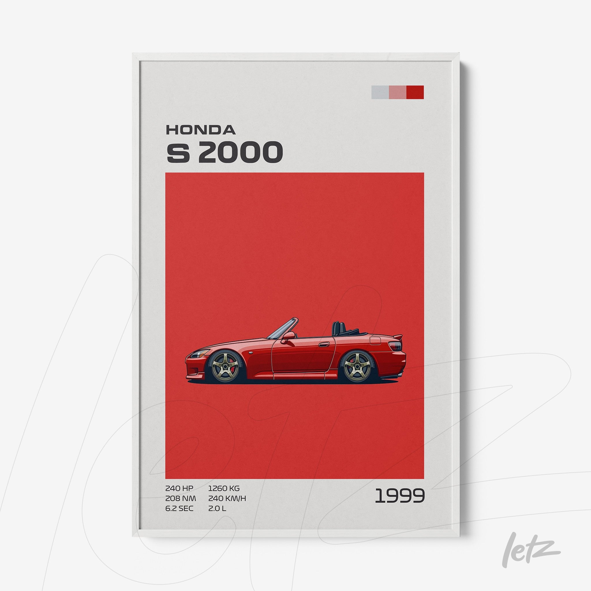 framed art of the Honda S2000 sports car in vibrant red background with white frame