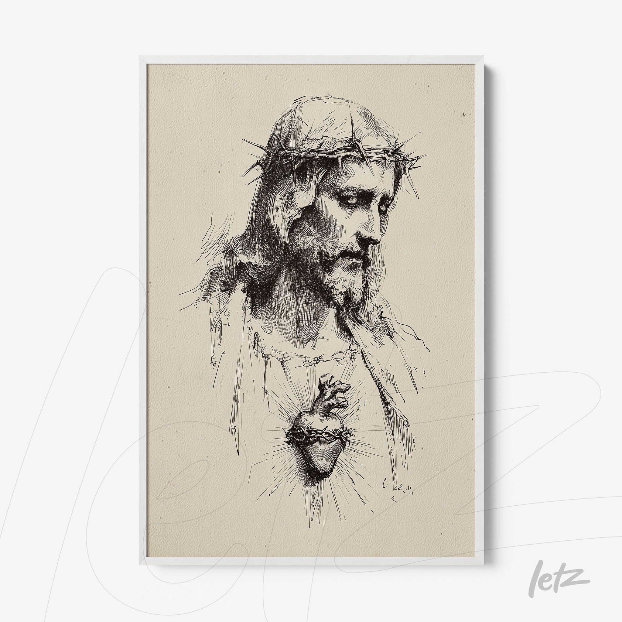 framed wall art depicting jesus christ with detailed sketch lines and sacred heart at the center on a light background