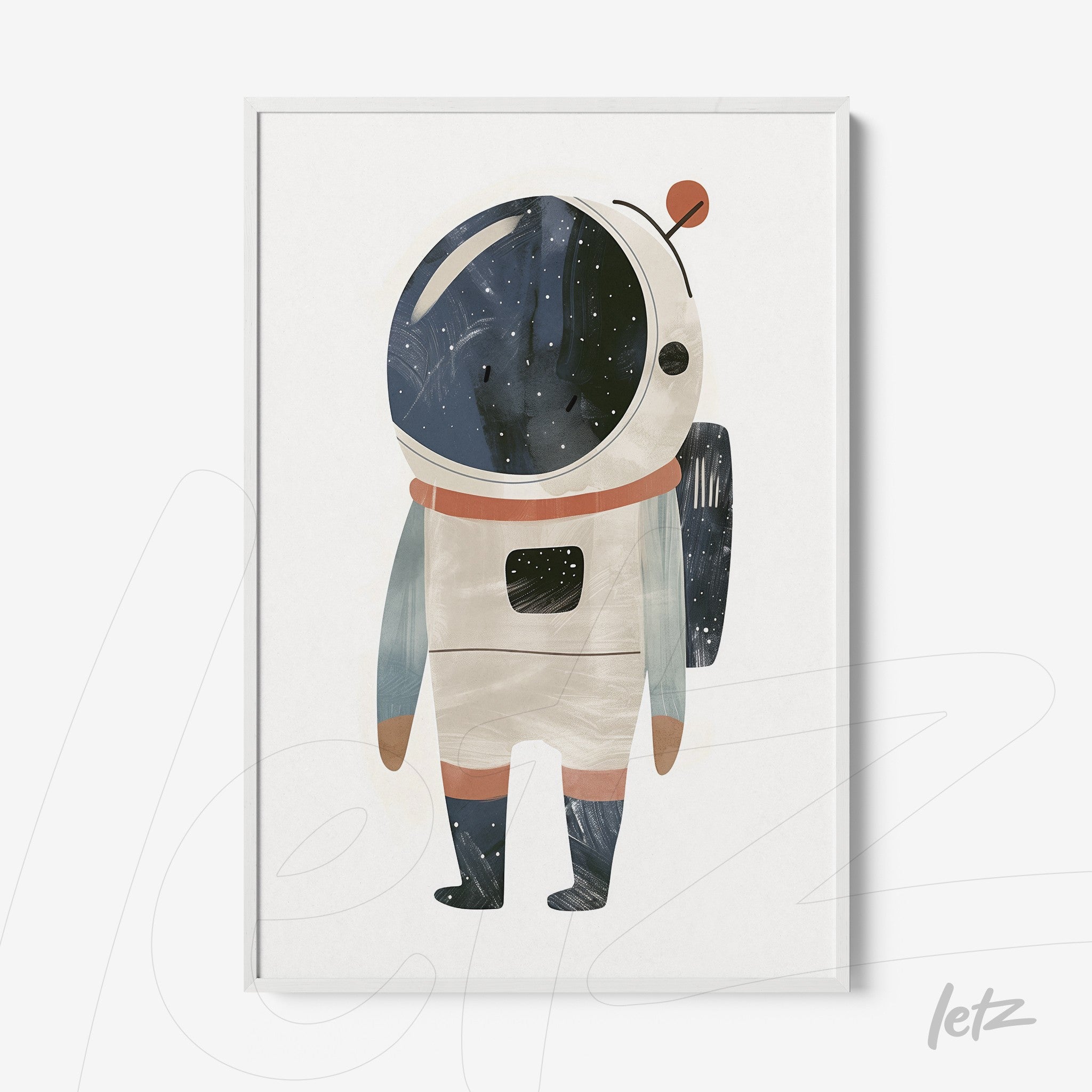 framed art featuring a stylized astronaut illustration on a white background with a thin frame