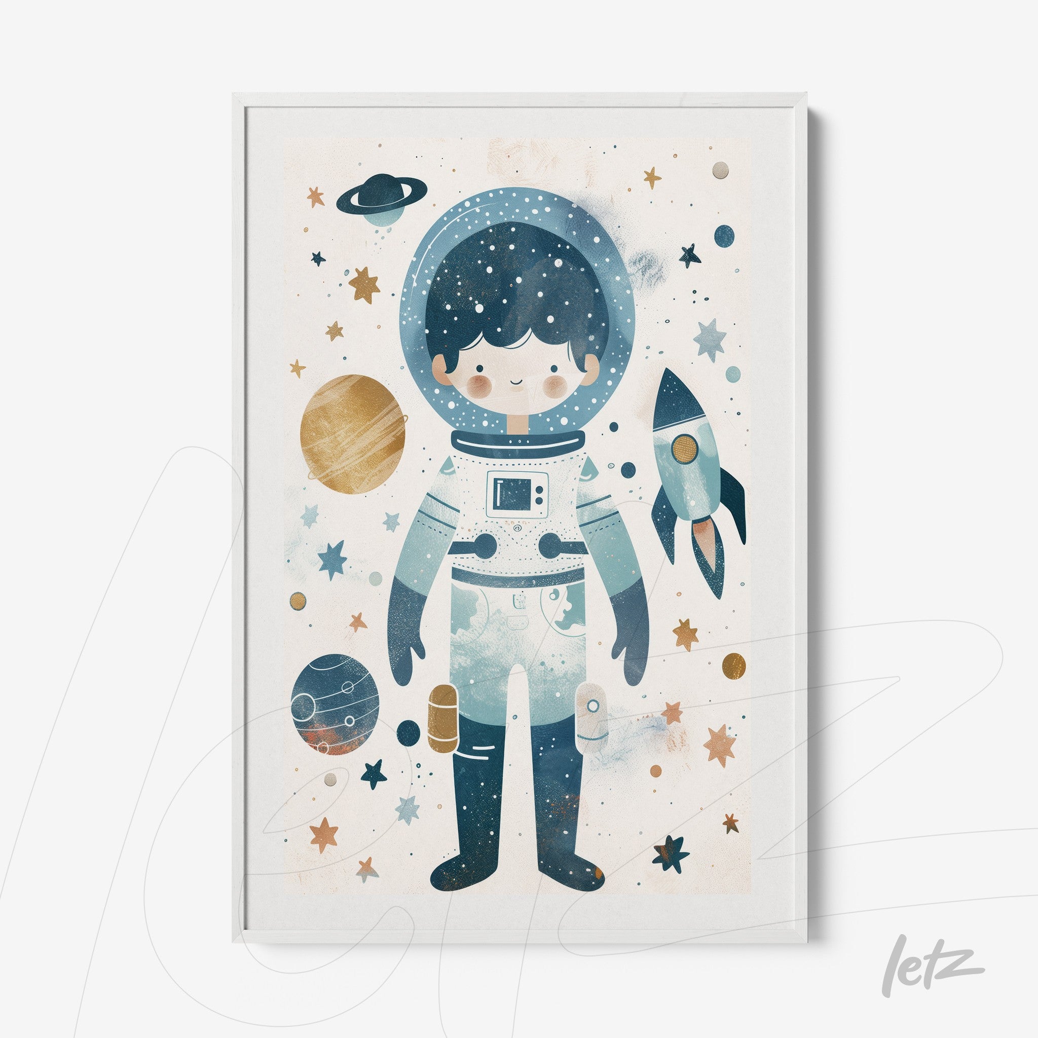 framed art print of a child astronaut surrounded by planets and stars in a whimsical space setting