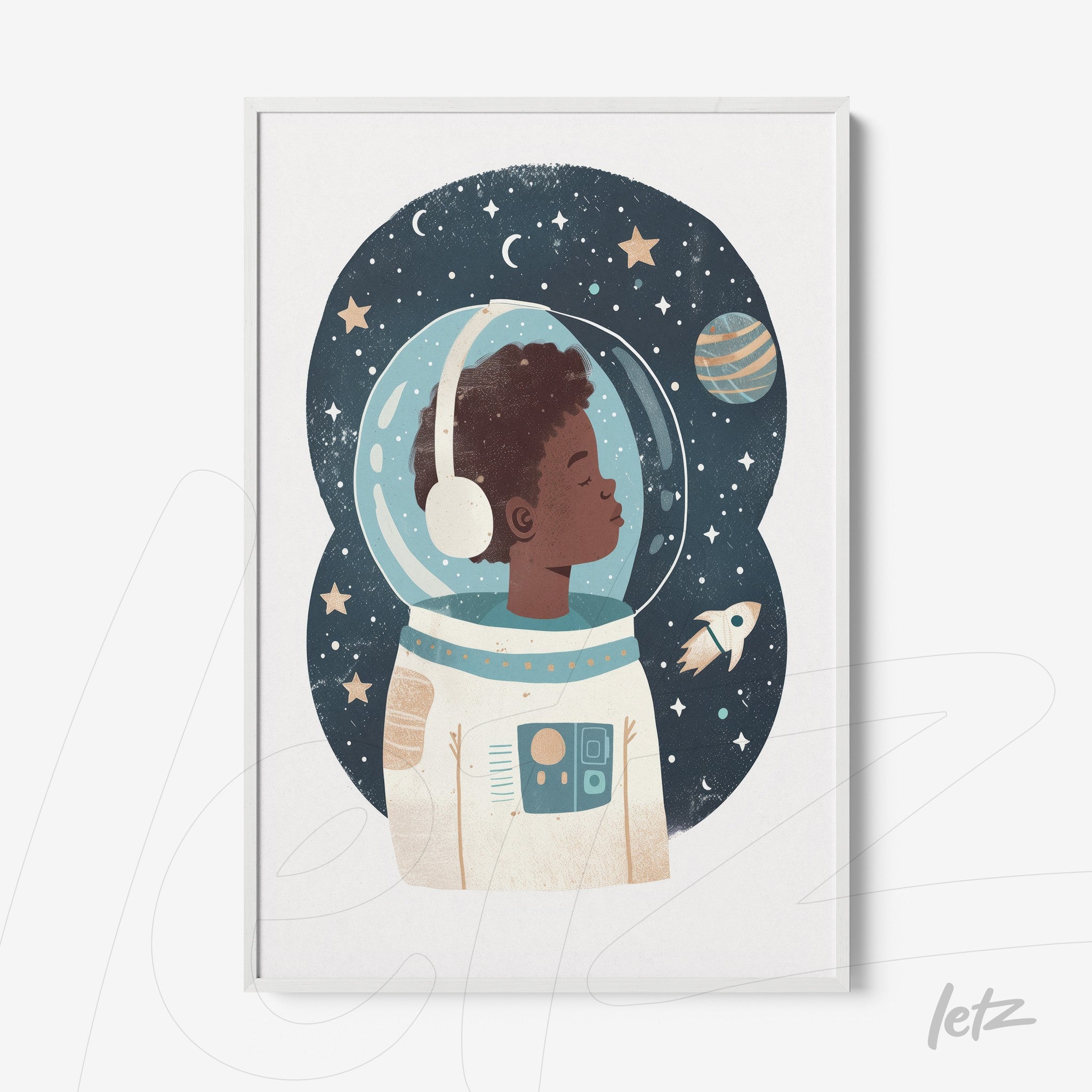 framed artwork featuring an illustration of a boy astronaut against a starry space background with planets, white frame