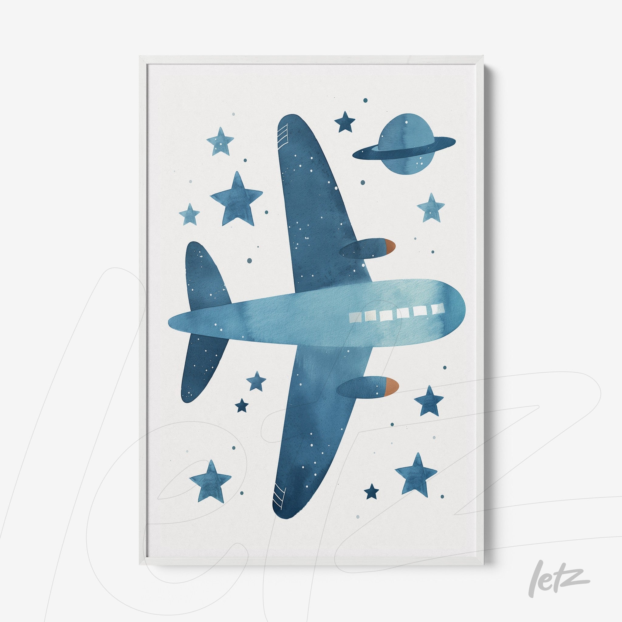 framed wall art featuring a watercolor illustration of a blue airplane against a light background with stars and planets
