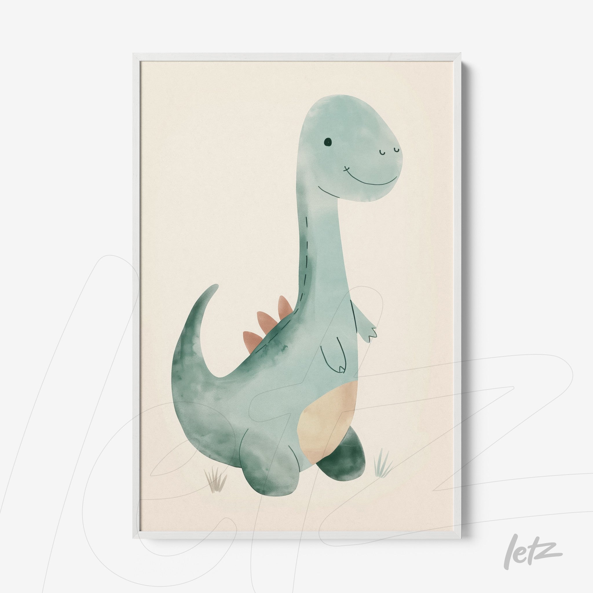 framed watercolor illustration of a friendly dinosaur in white frame