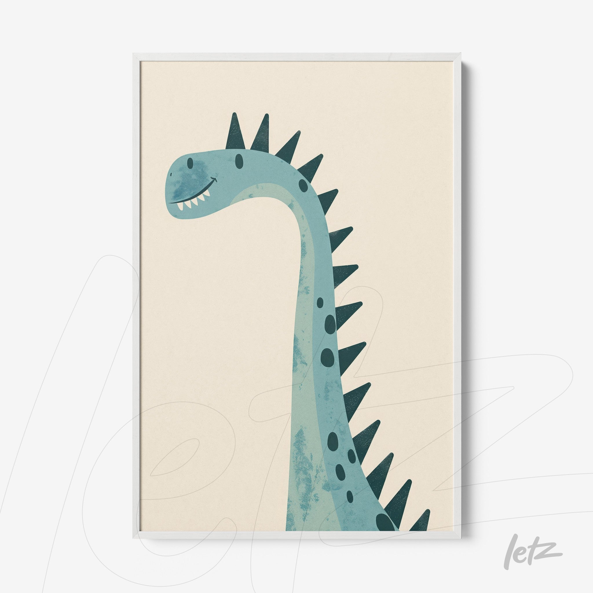 framed wall art featuring a blue dinosaur illustration on a light background with a white frame