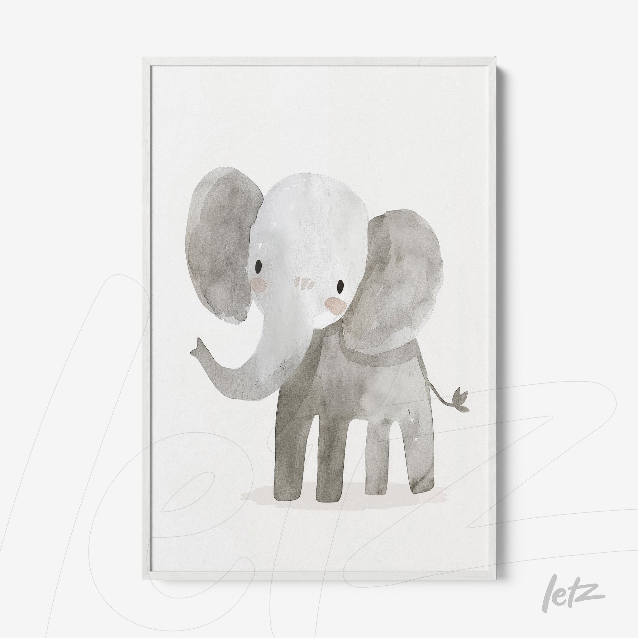 framed watercolor illustration of a cute elephant on a white background