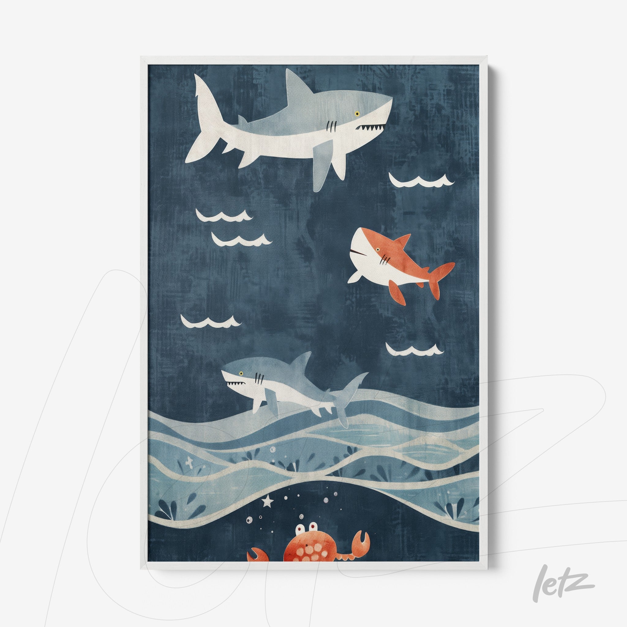 framed artwork featuring playful sharks swimming in dark blue background with waves and a crab in the bottom corner