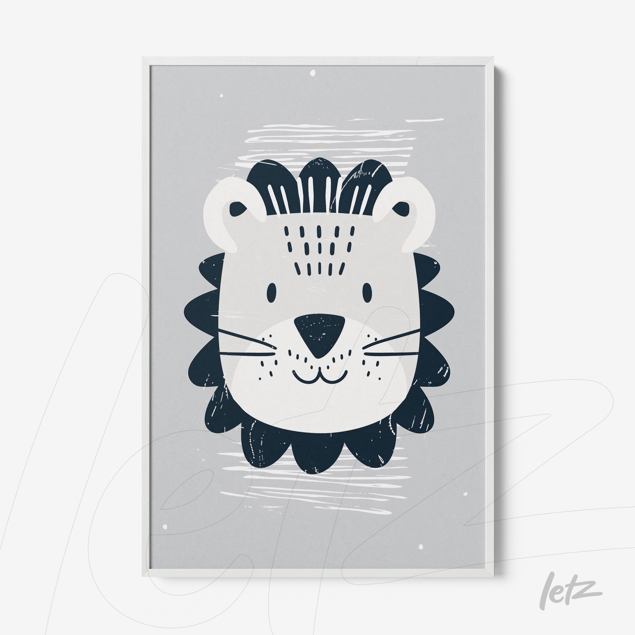 framed artwork featuring a stylized lion illustration on light gray background with white frame