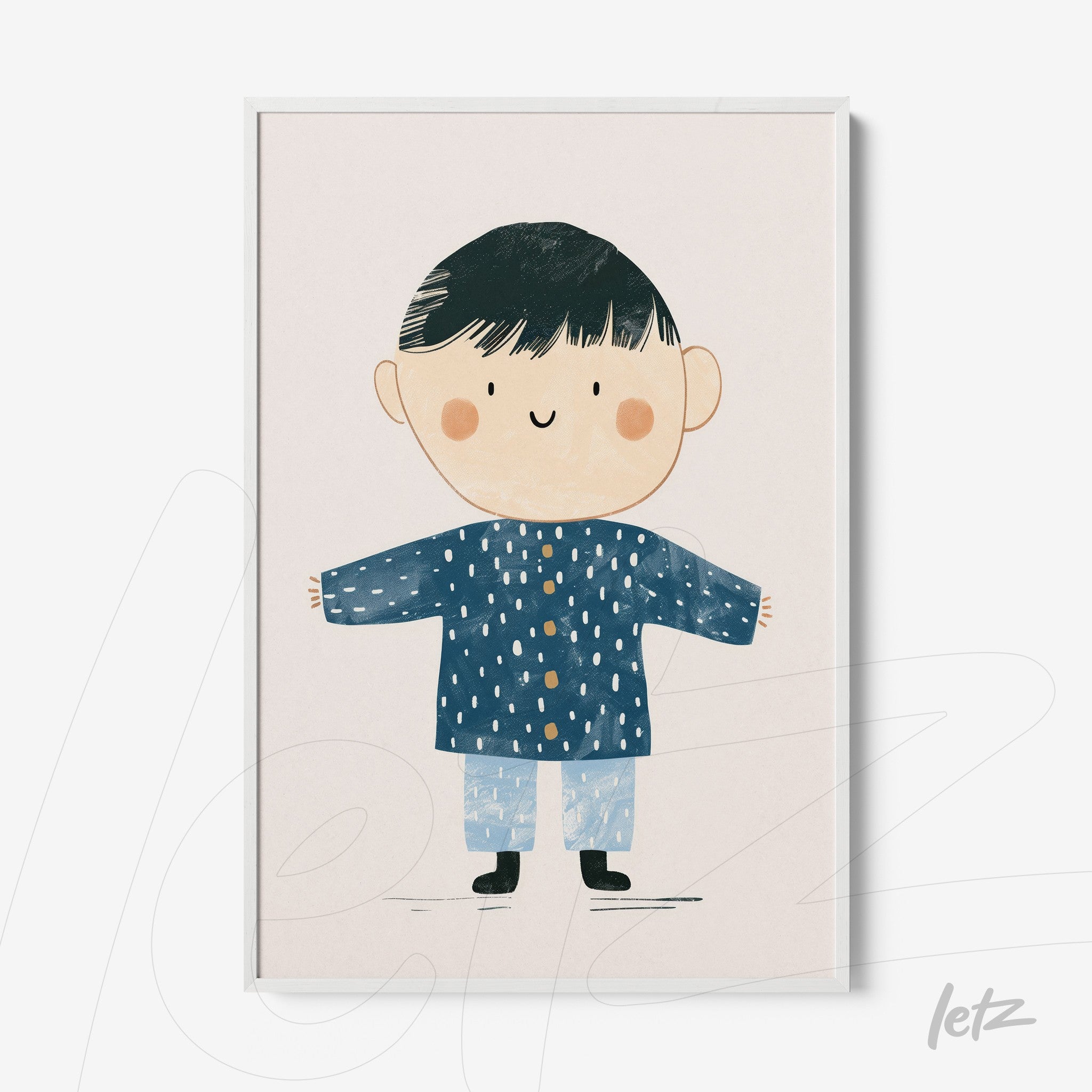 framed art print of a smiling boy in a blue coat with white dots against a soft pastel background