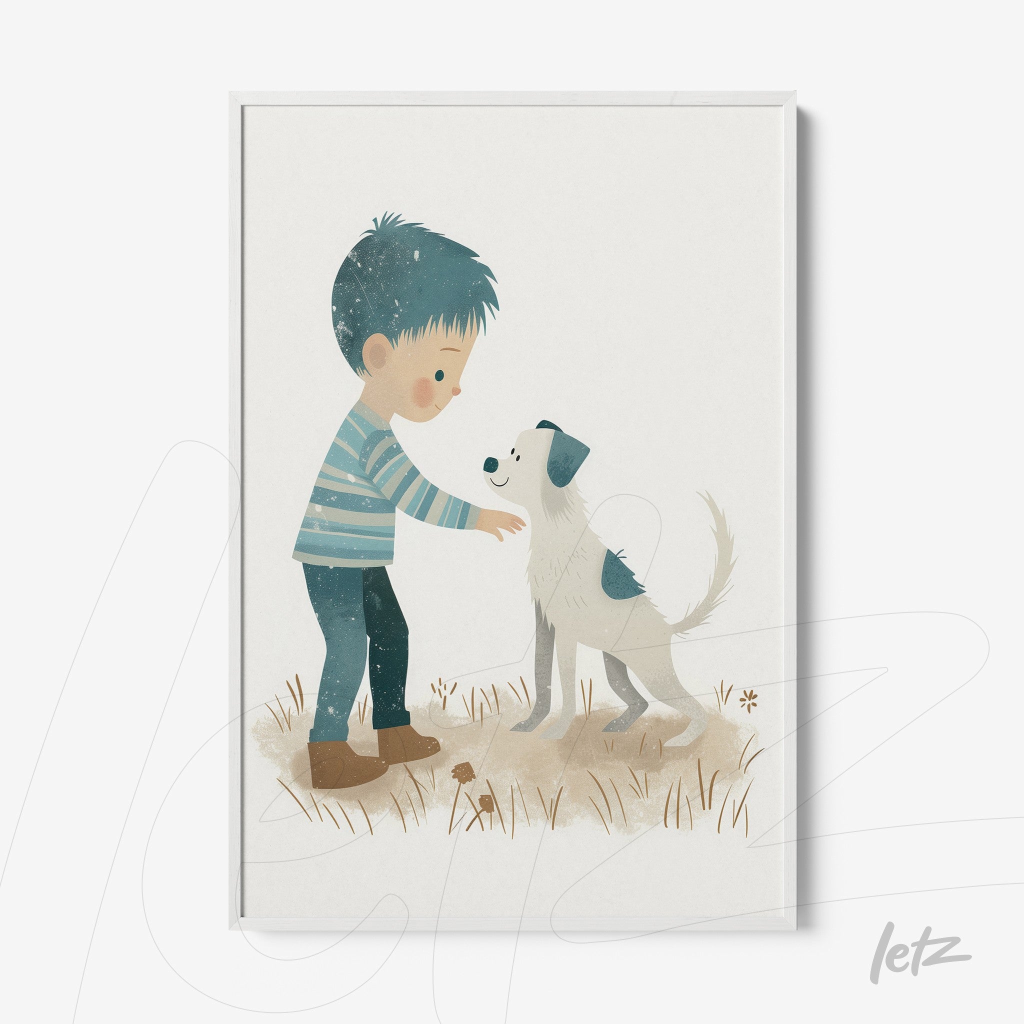 framed wall art featuring a child petting a dog in a soft color palette
