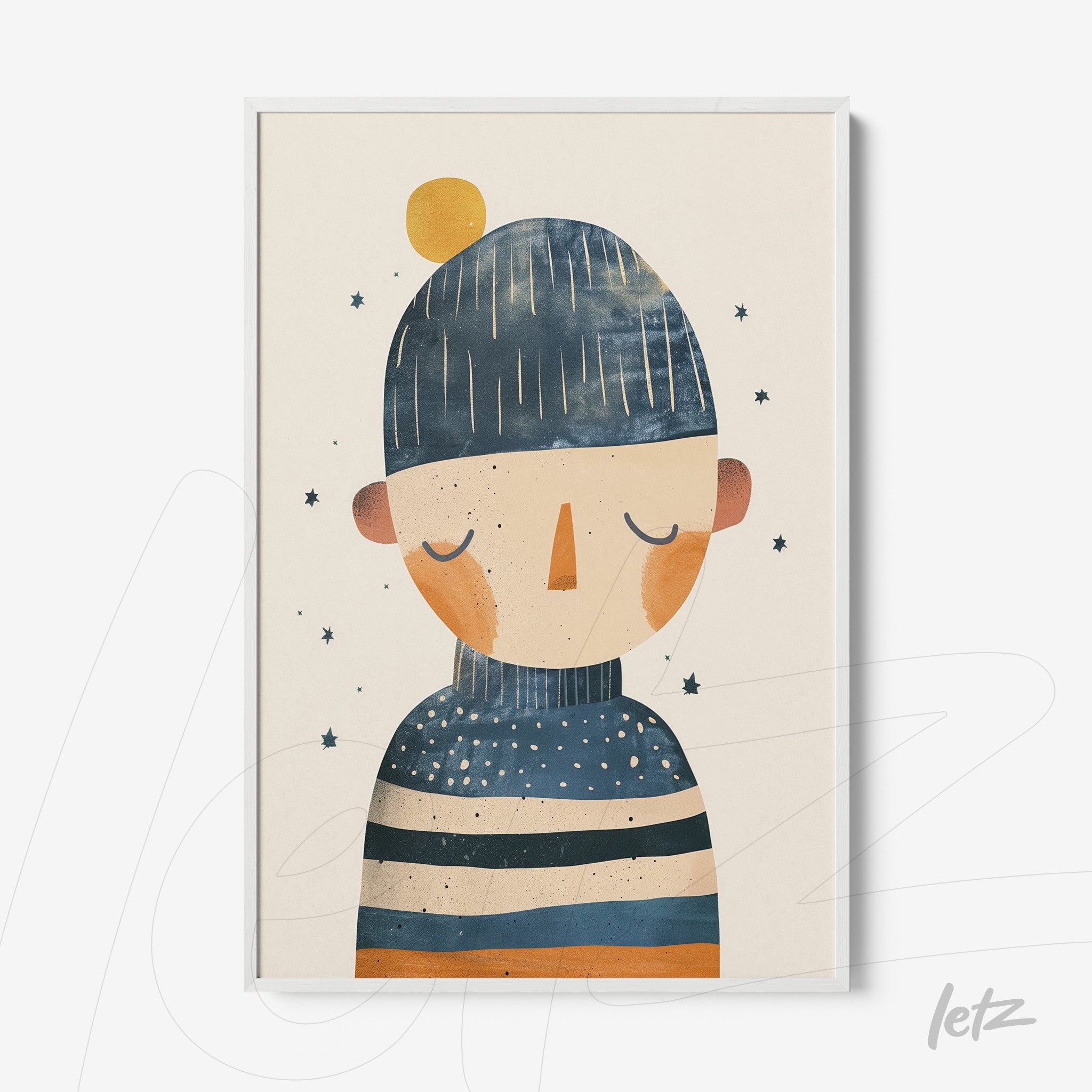 framed artwork featuring a contemporary character illustration wearing a beanie and sweater with a white frame