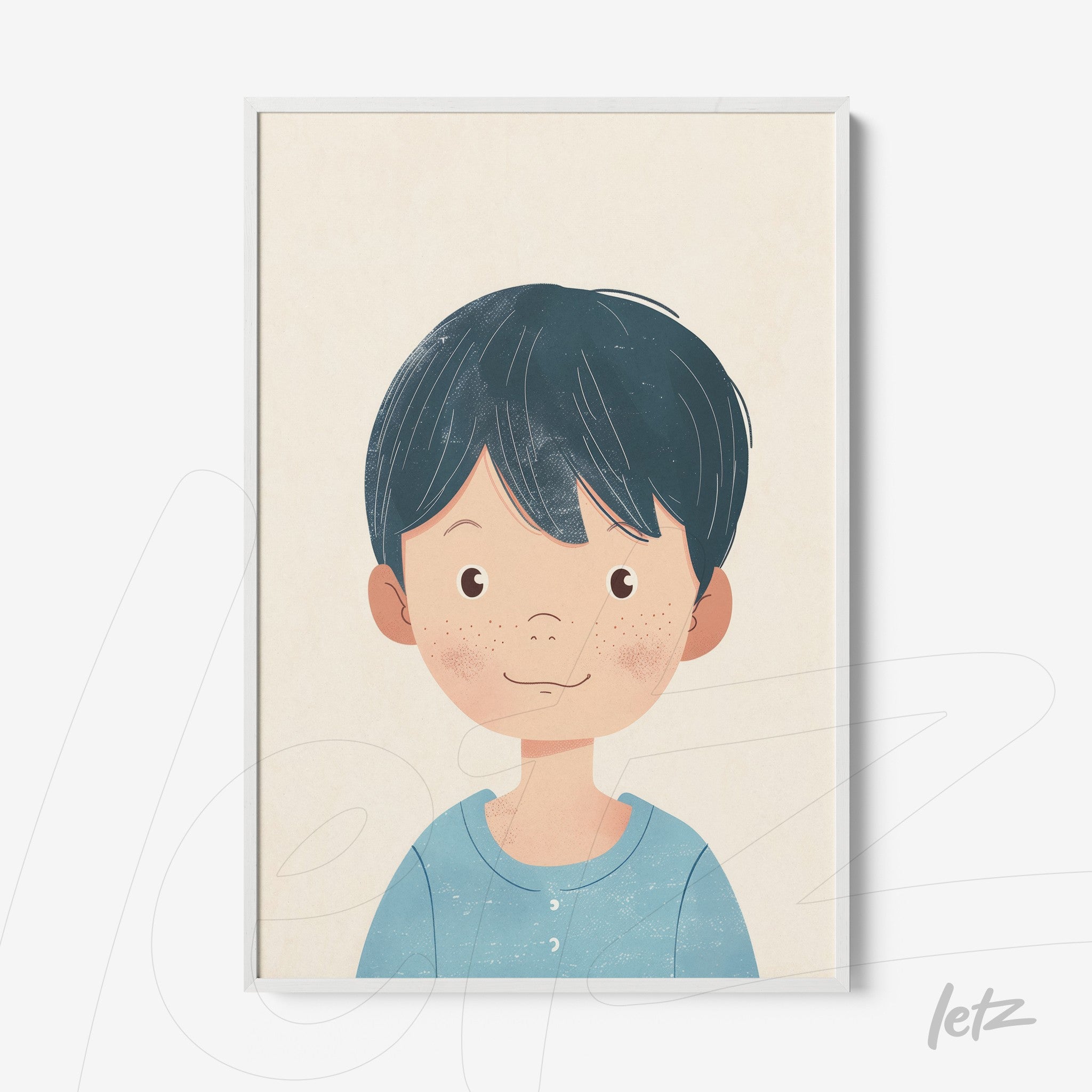 framed cartoon illustration of a smiling boy with short blue hair and white frame