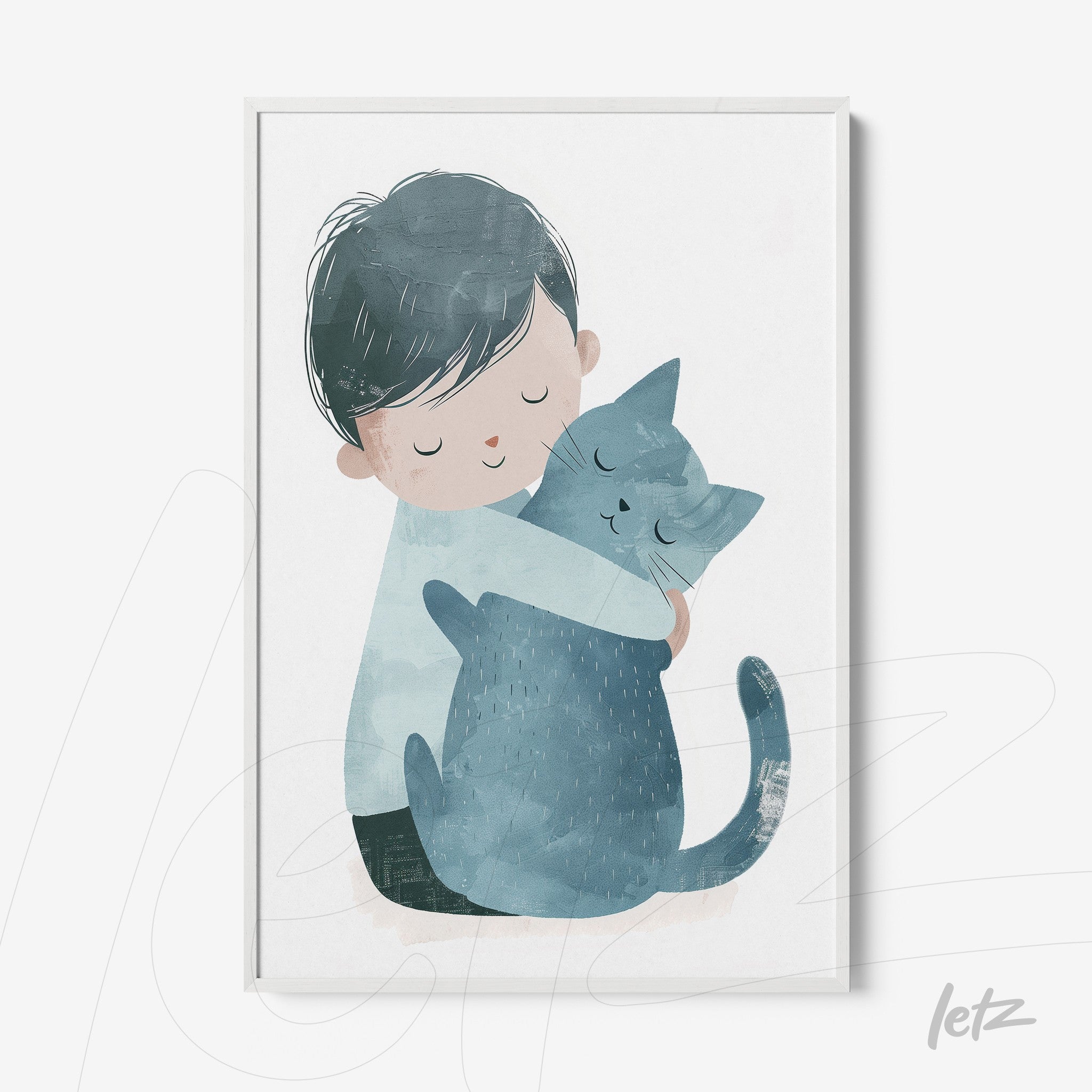 illustration of a boy hugging a cat, featuring soft shades of blue and a white frame