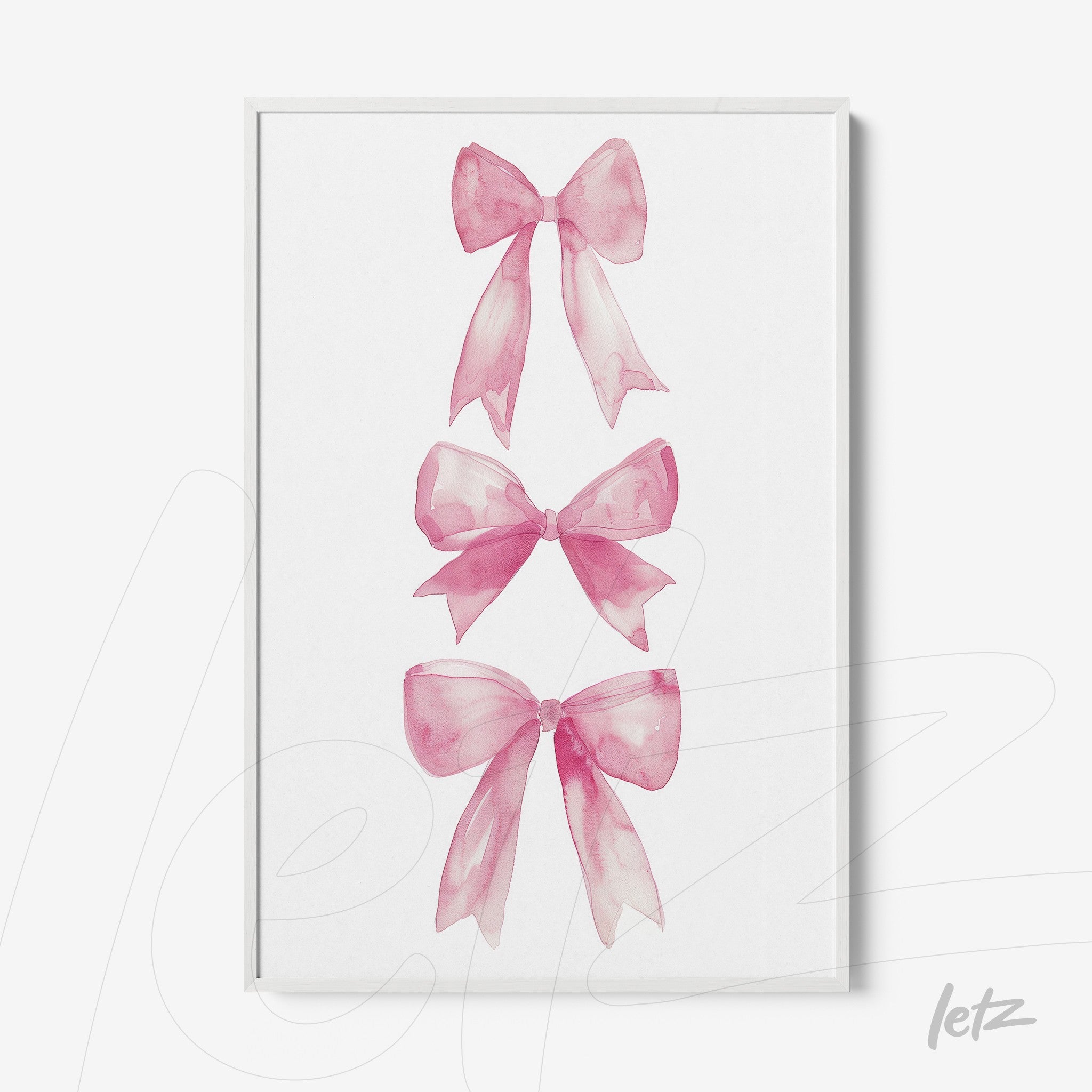 framed artwork featuring pink ribbon illustrations on a white background