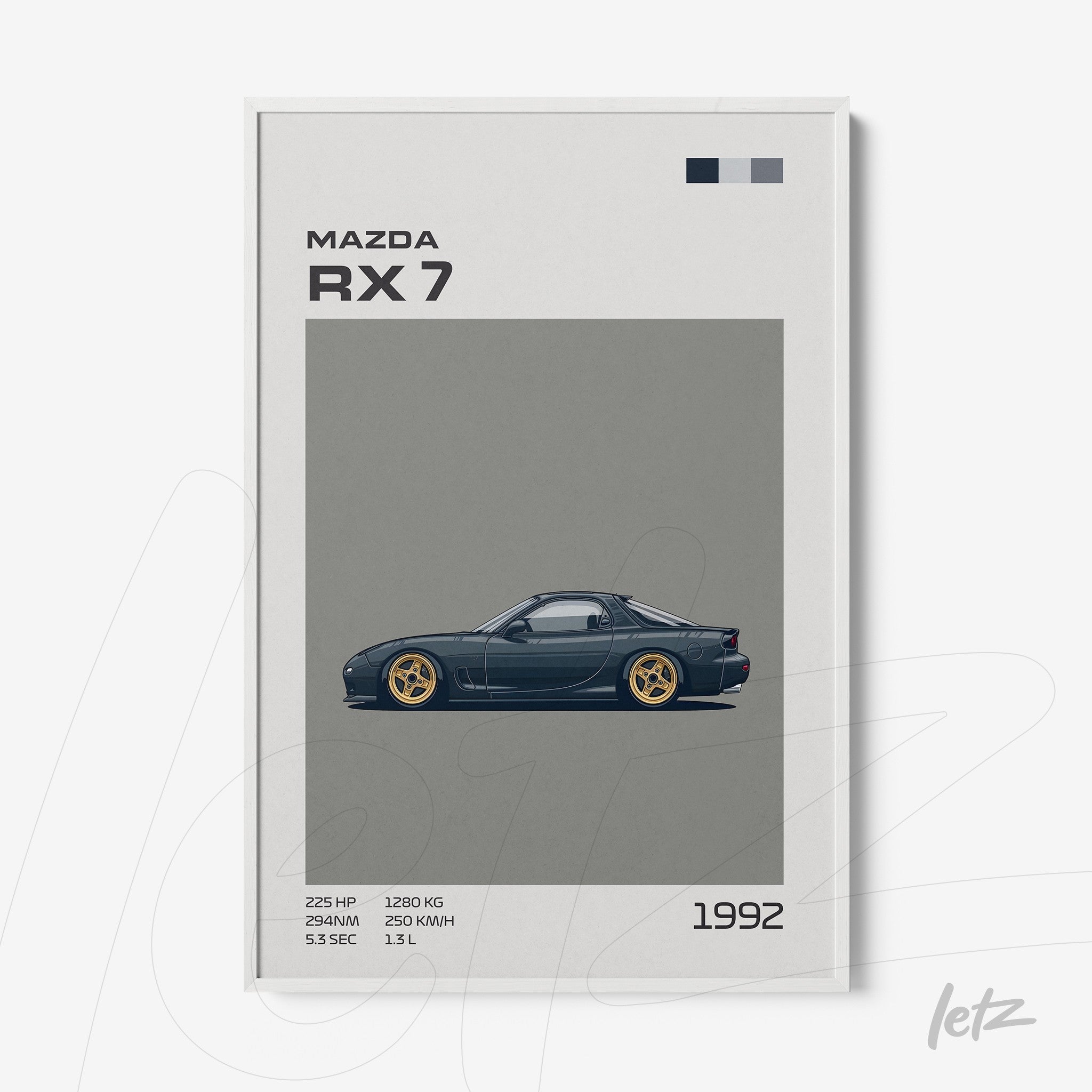 framed artwork of a 1992 Mazda RX 7 illustration in white frame, gray background with graphic details