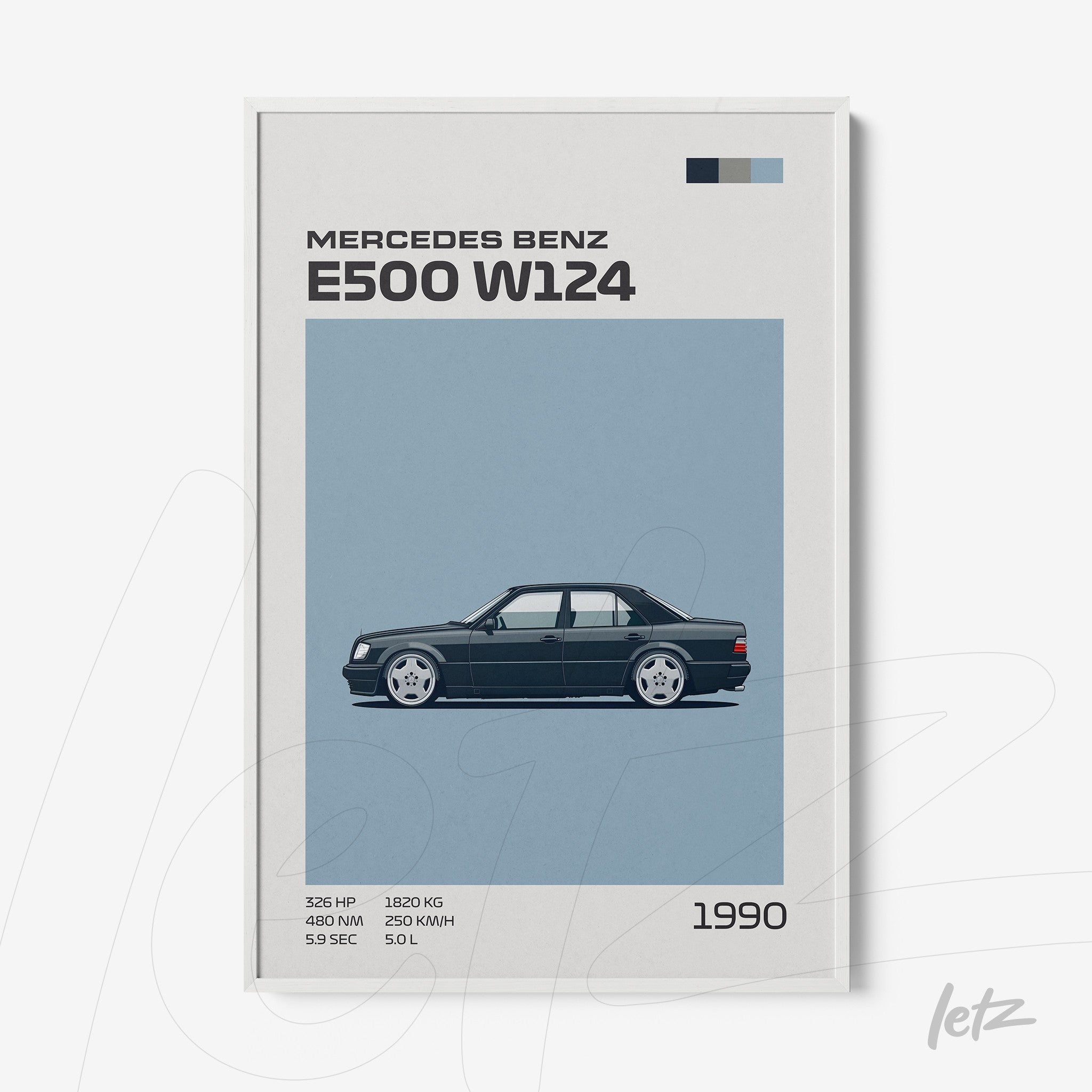 framed artwork featuring an illustration of a Mercedes Benz E500 W124 on light blue background with white frame