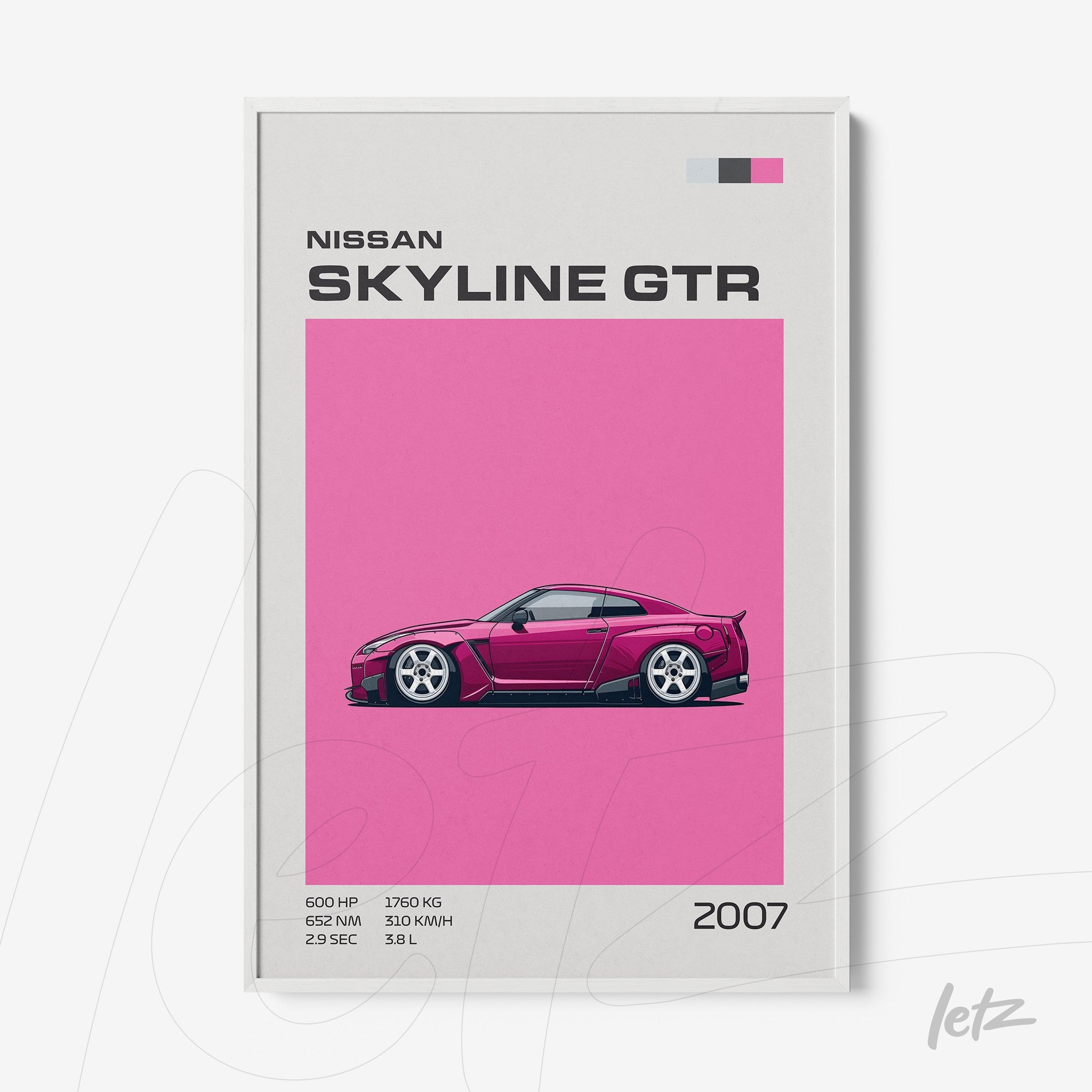 framed artwork featuring a stylized illustration of the nissan skyline gtr against a vibrant pink background
