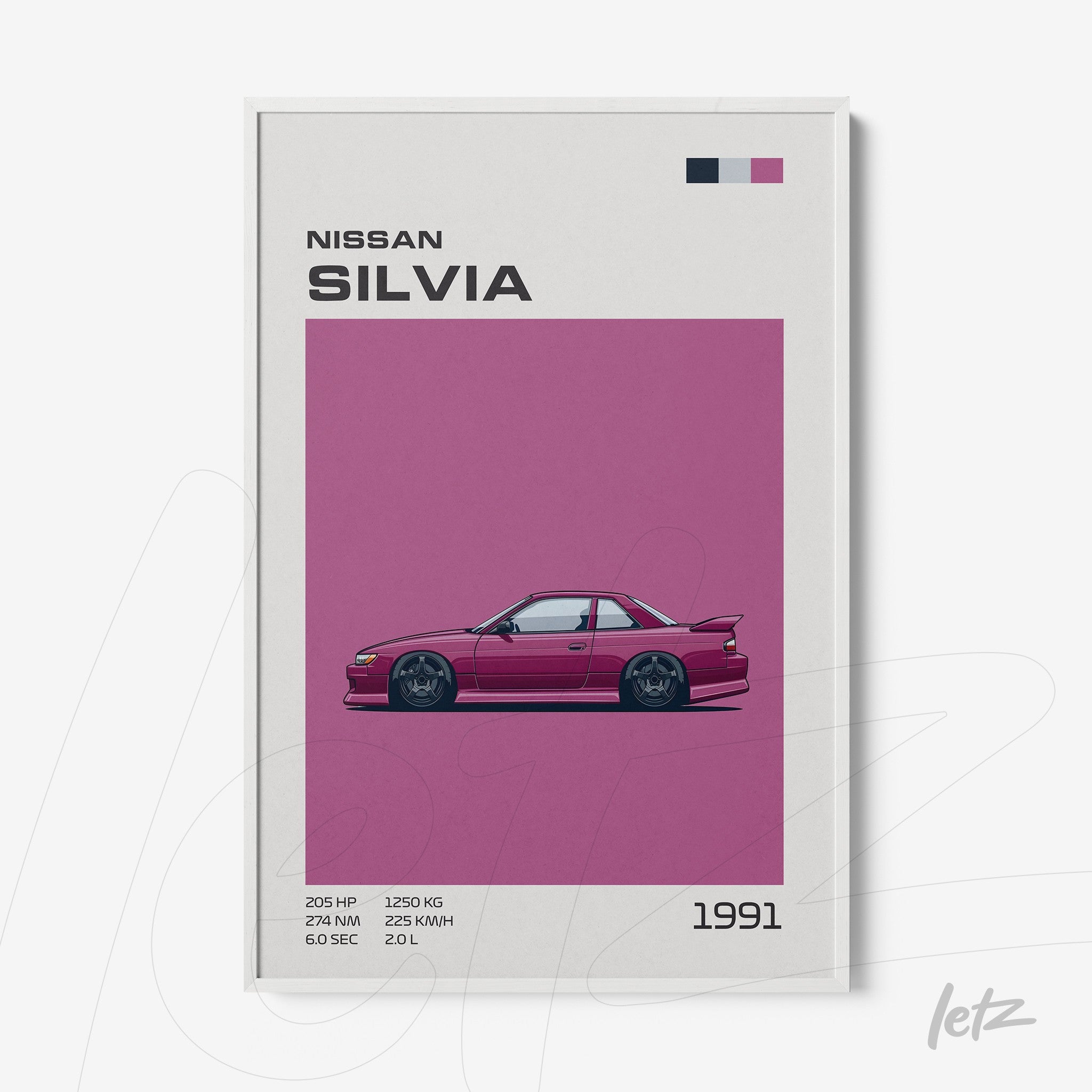framed art featuring the 1991 Nissan Silvia in a bold purple background with technical specifications