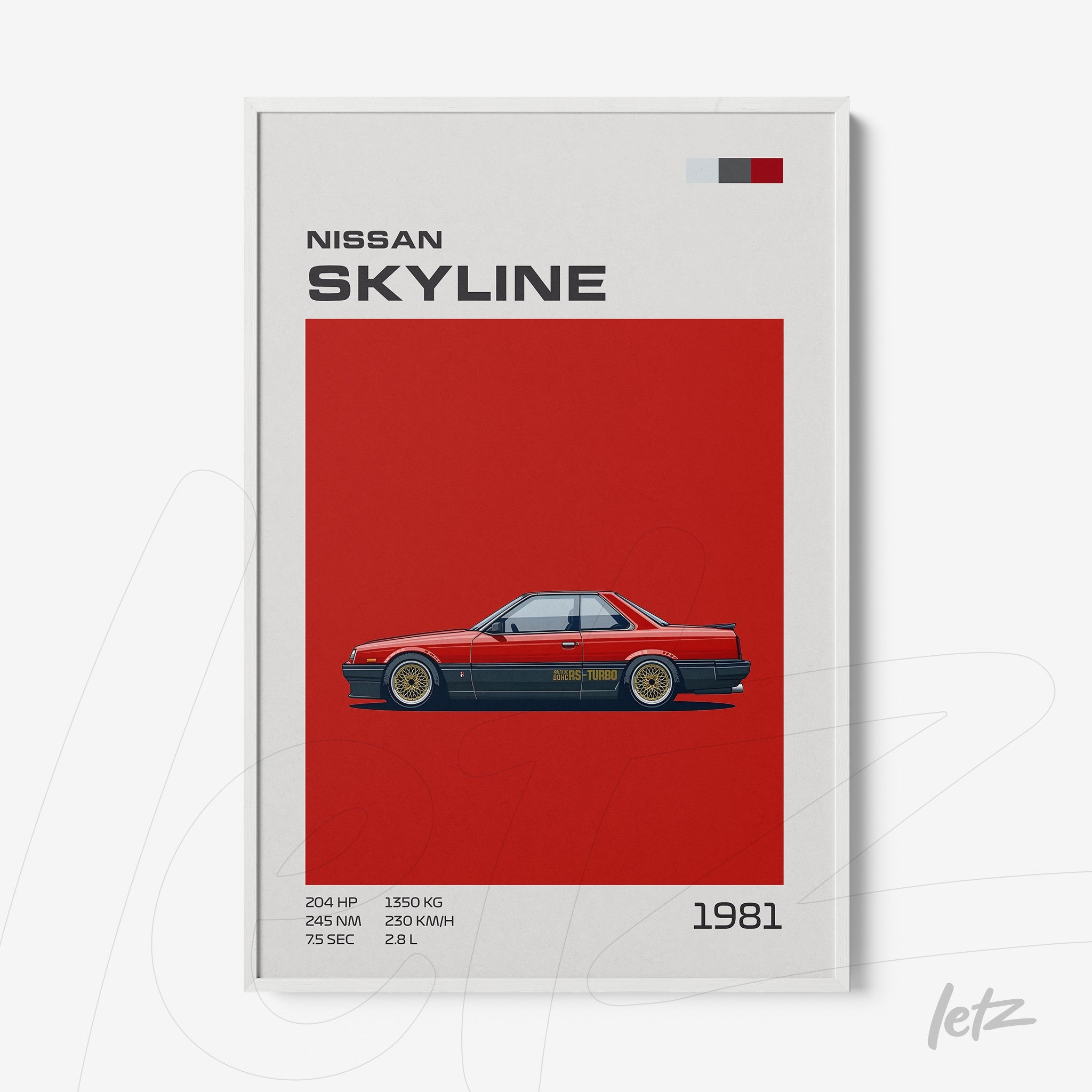 framed artwork of 1981 Nissan Skyline car illustration with red background and white frame