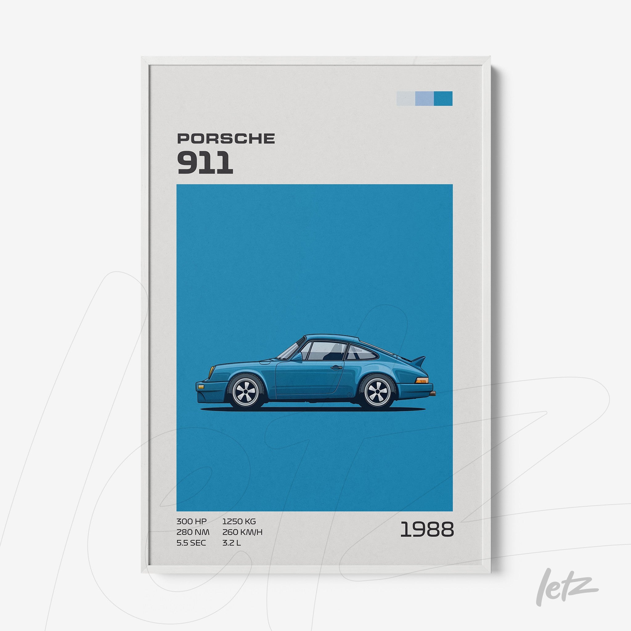 framed art depicting the 1988 Porsche 911 in vibrant blue background and white frame