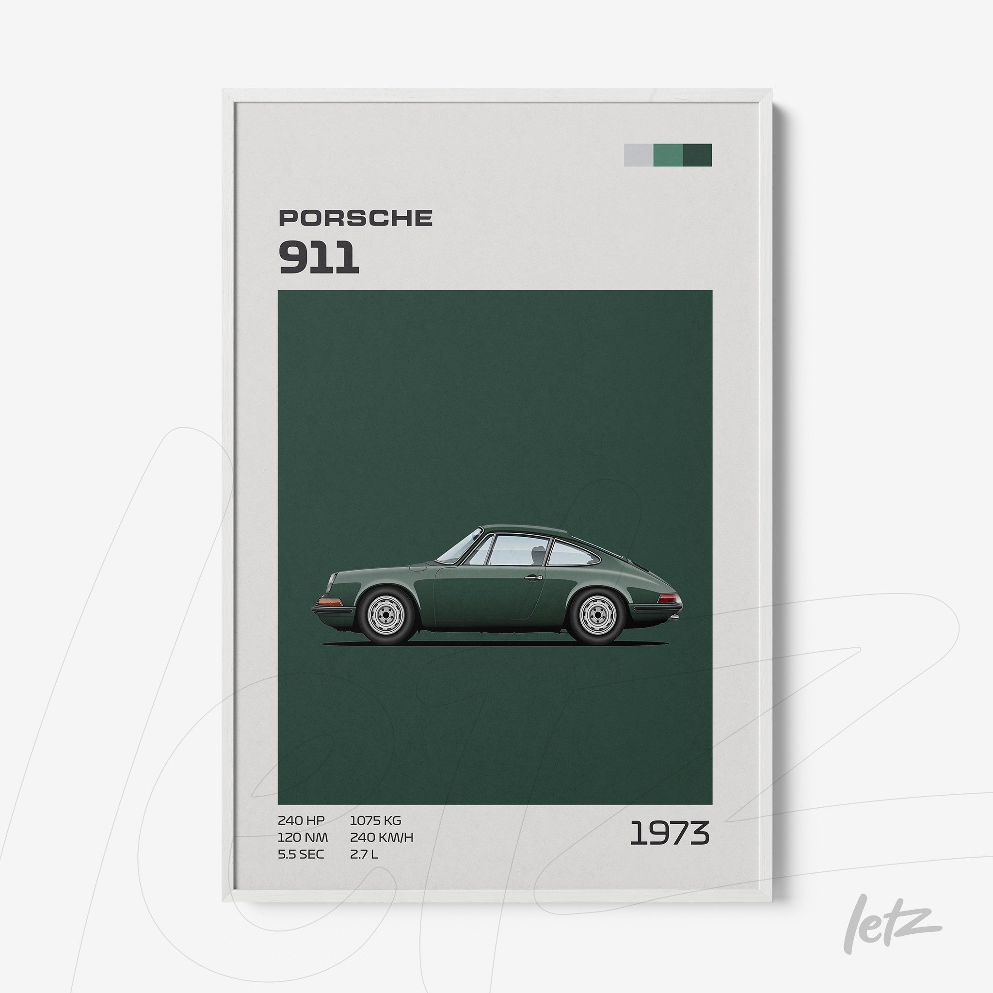 framed wall art featuring an illustration of the 1973 Porsche 911 against a dark green background