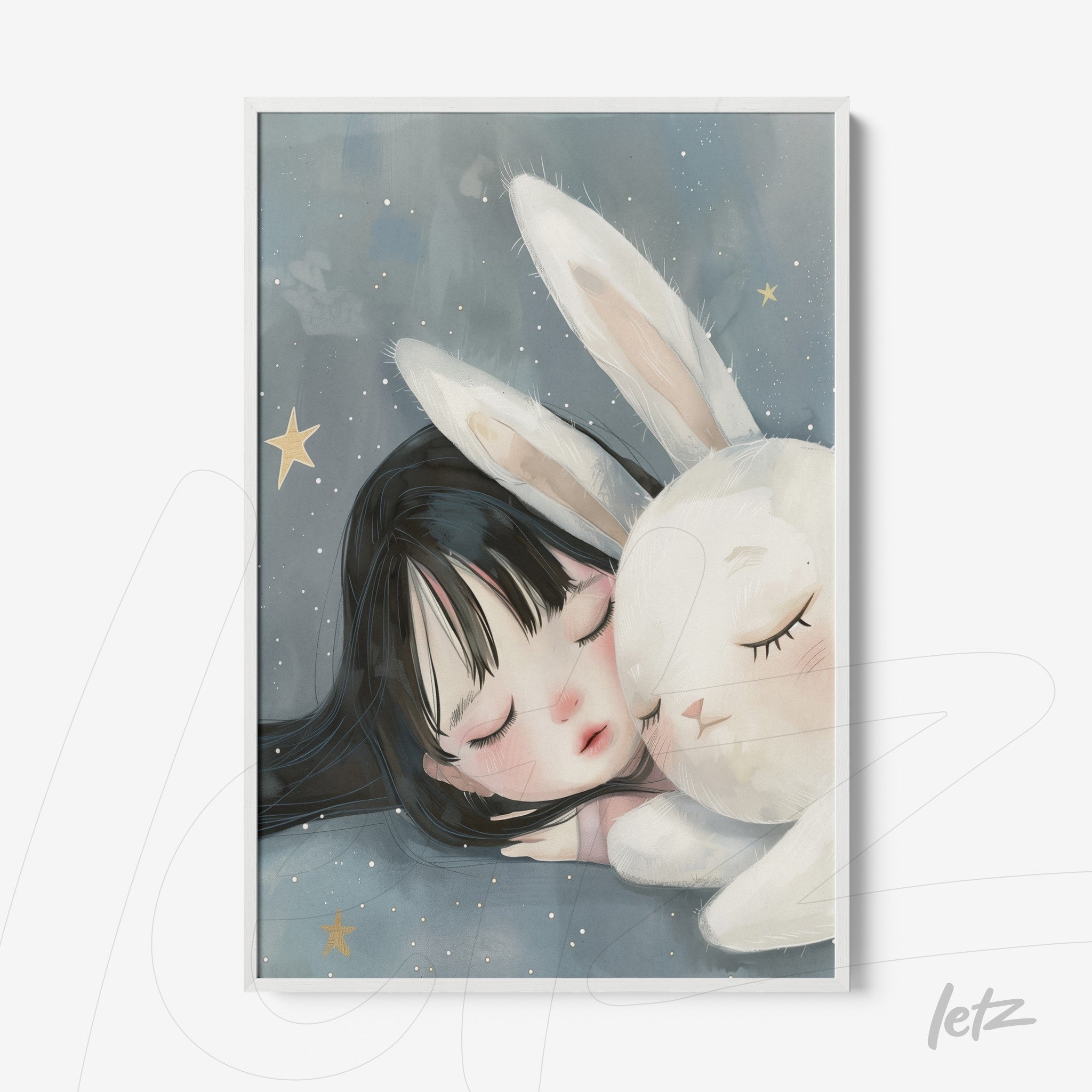 framed wall art featuring a delicate illustration of a sleeping girl beside a white rabbit against a starry blue background