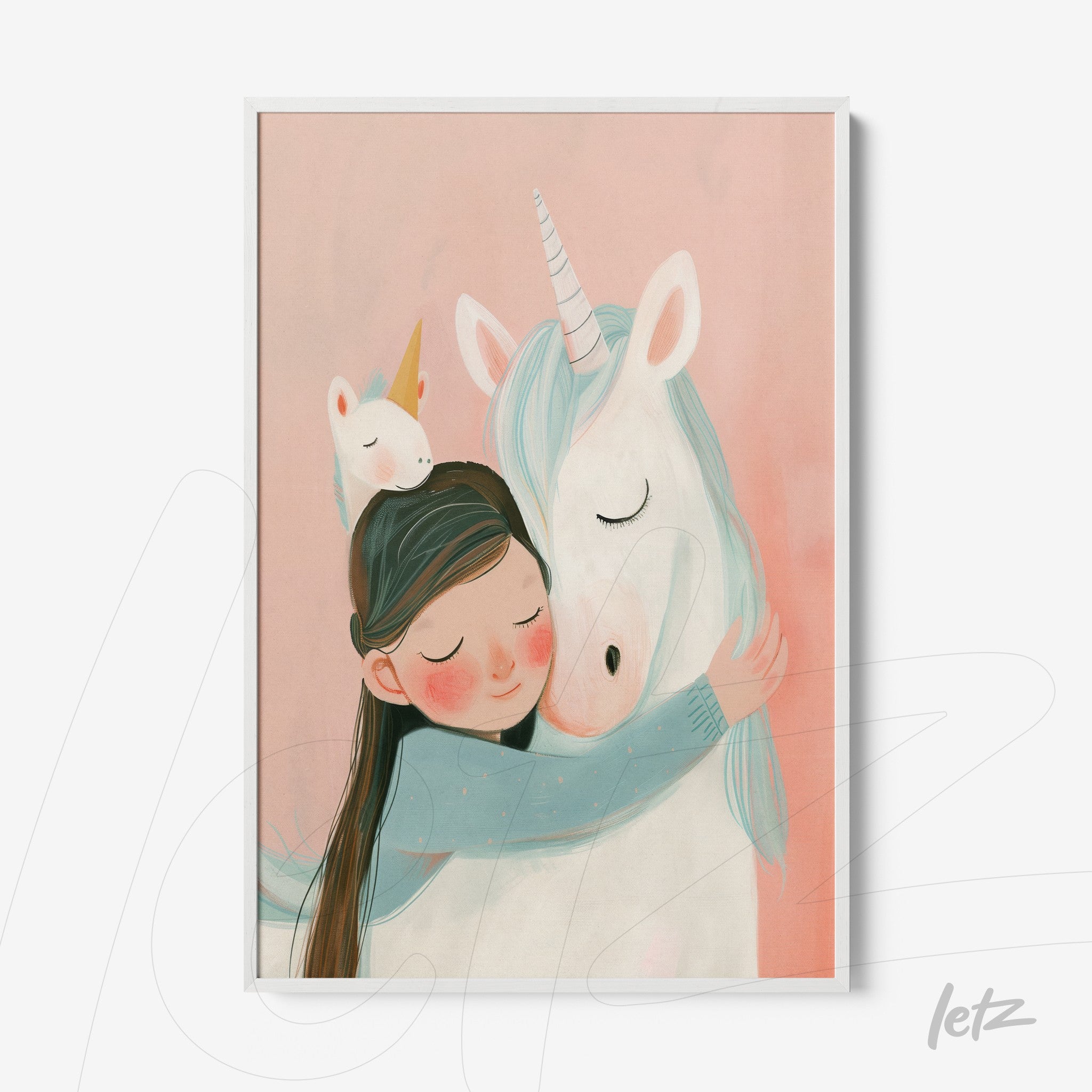 framed illustration of a girl hugging a unicorn with a soft pink background