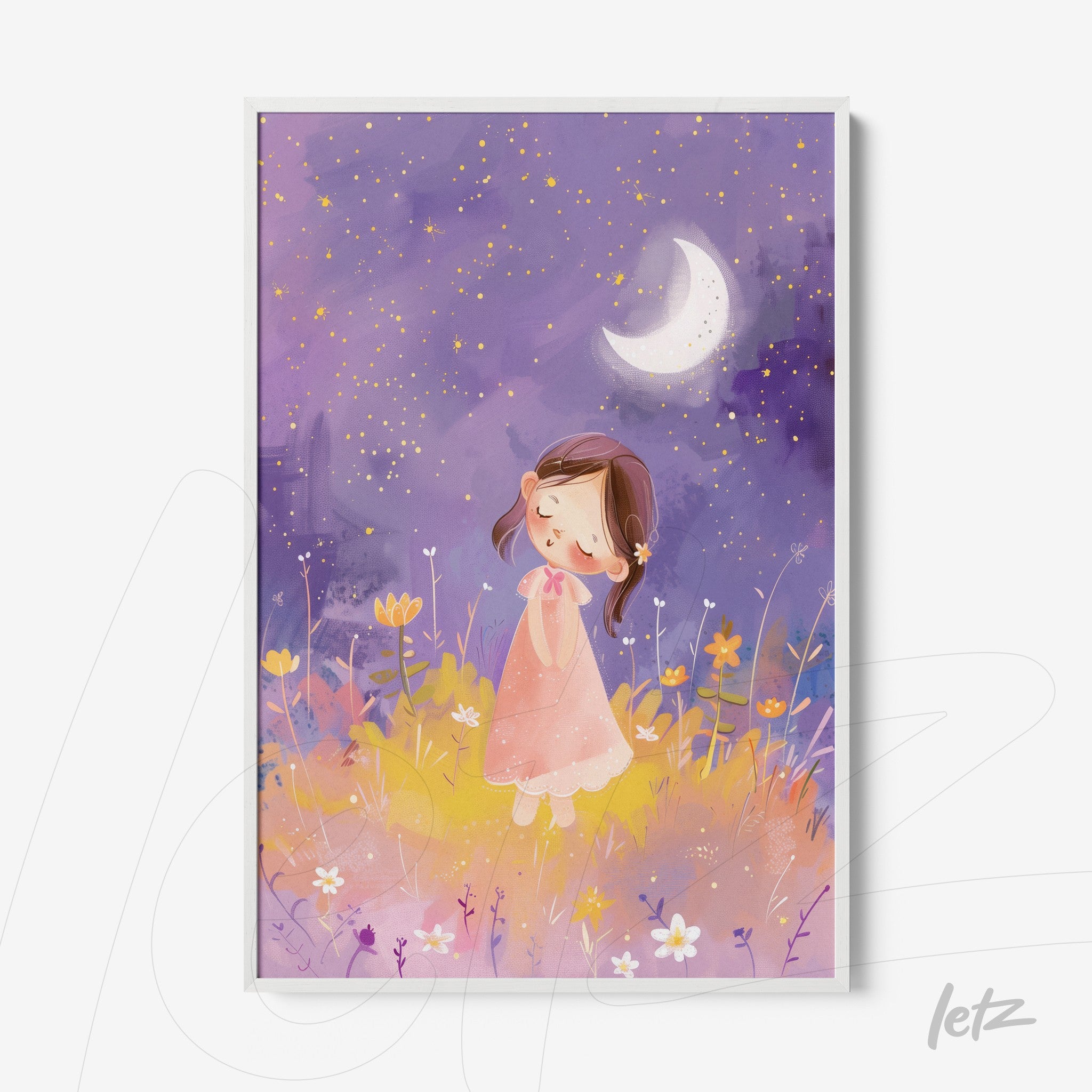framed illustration of a small girl in a pink dress surrounded by flowers under a starry sky with a crescent moon