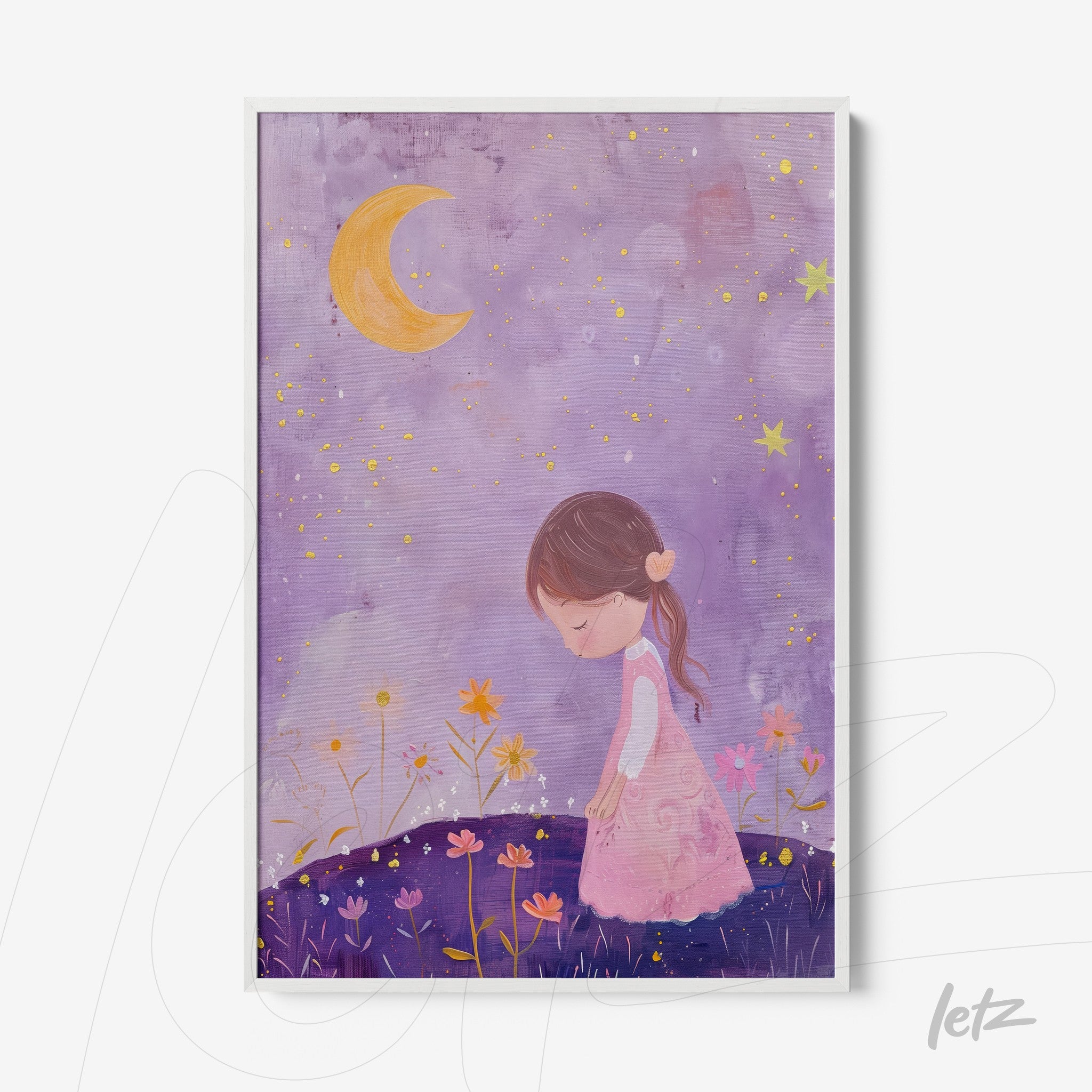 framed children's art of a girl in a flower field under a crescent moon with a purple background