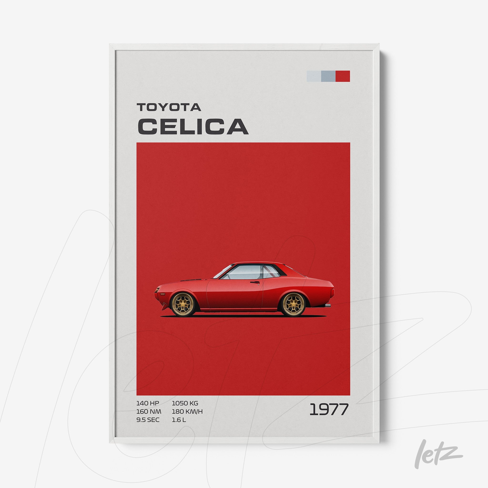 framed art featuring a 1977 Toyota Celica sports car illustration on vibrant red background