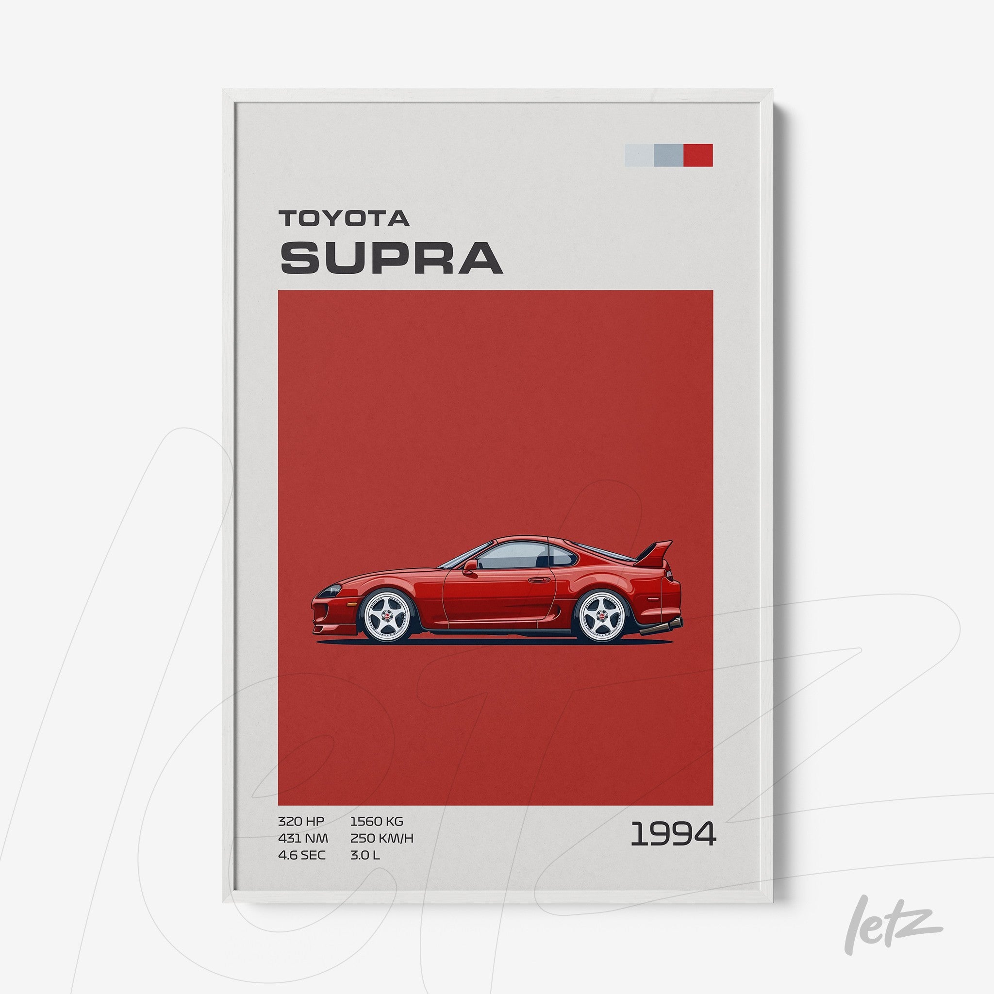 framed artwork depicting the 1994 Toyota Supra on a vibrant red background with a white frame